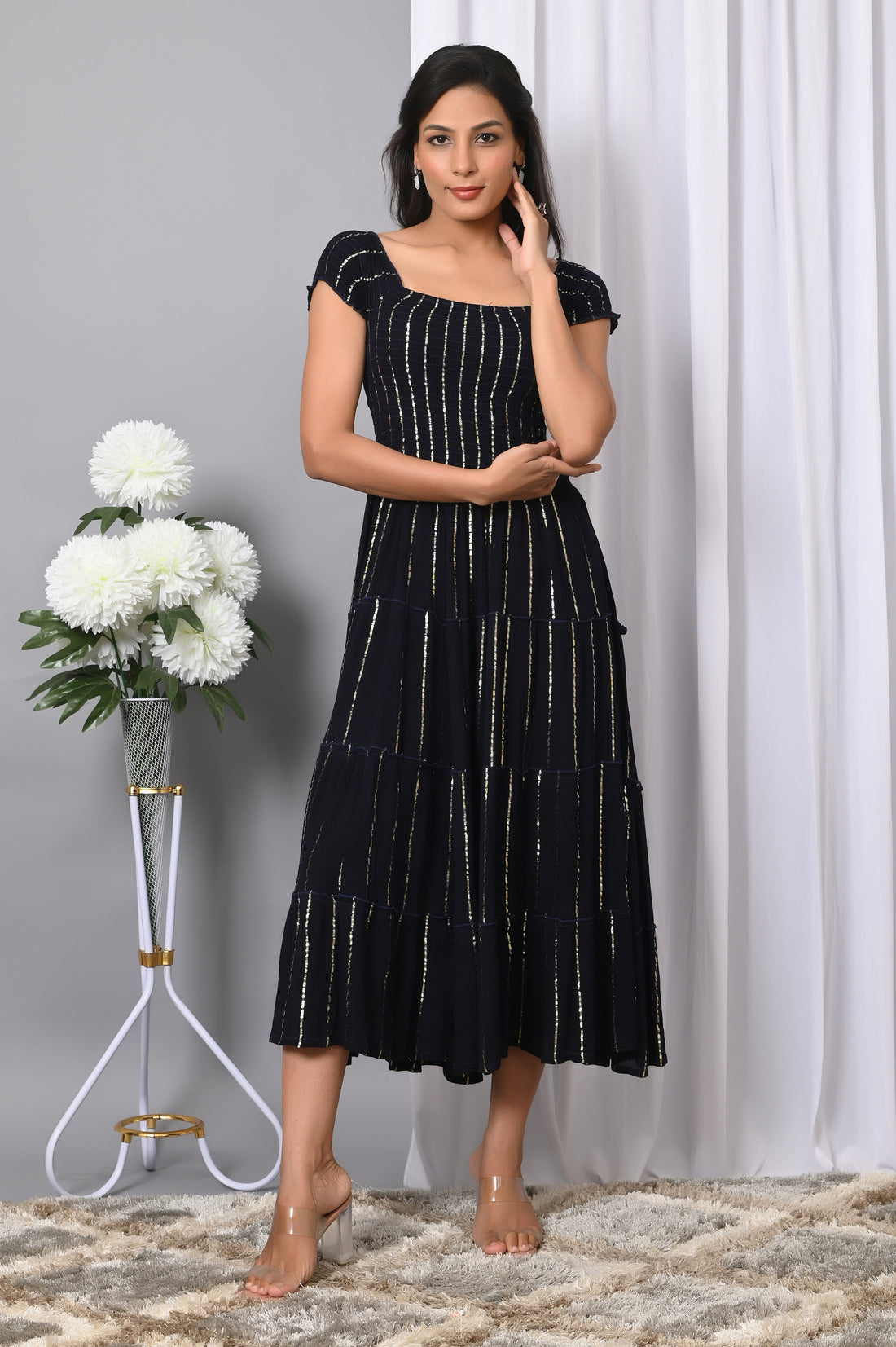 IQRAAR Women Rayon Square Neck Fit & Flared Western Wear Dress