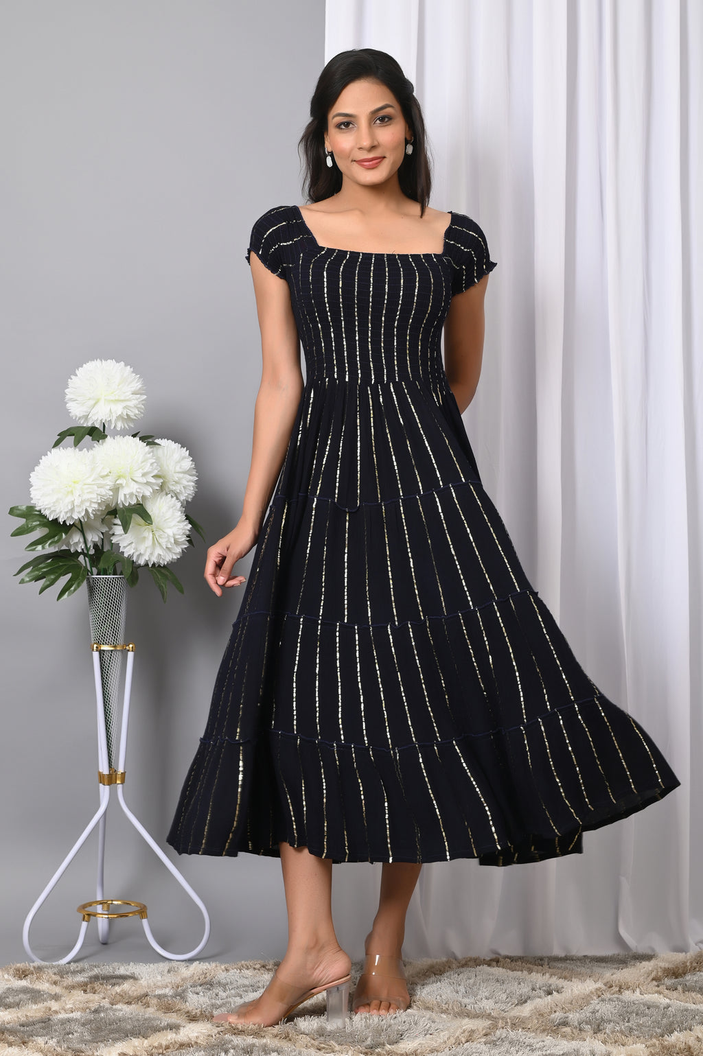 IQRAAR Women Rayon Square Neck Fit & Flared Western Wear Dress