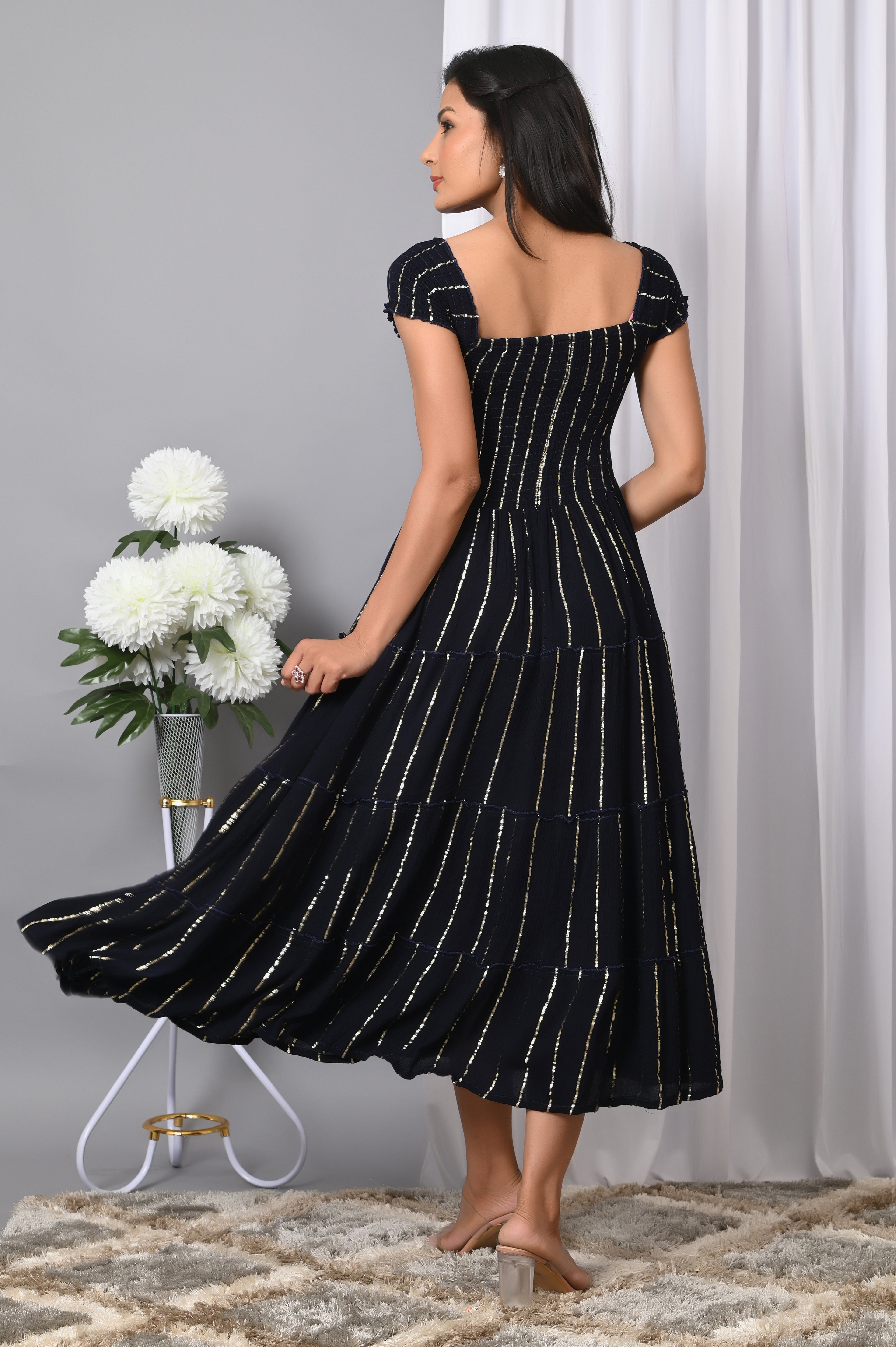 IQRAAR Women Rayon Square Neck Fit & Flared Western Wear Dress
