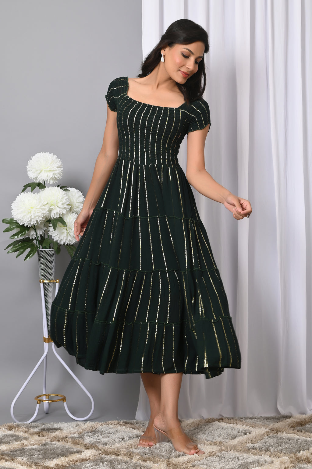 IQRAAR Women Rayon Square Neck Fit & Flared Western Wear Dress