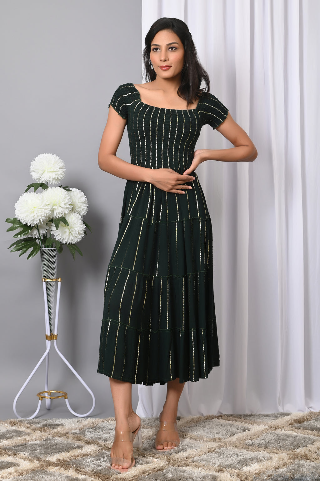 IQRAAR Women Rayon Square Neck Fit & Flared Western Wear Dress