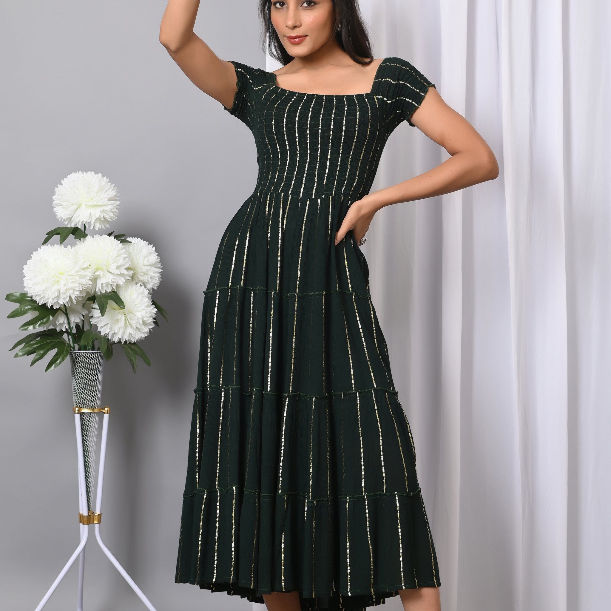 IQRAAR Women Rayon Square Neck Fit & Flared Western Wear Dress