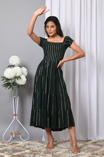 IQRAAR Women Rayon Square Neck Fit & Flared Western Wear Dress