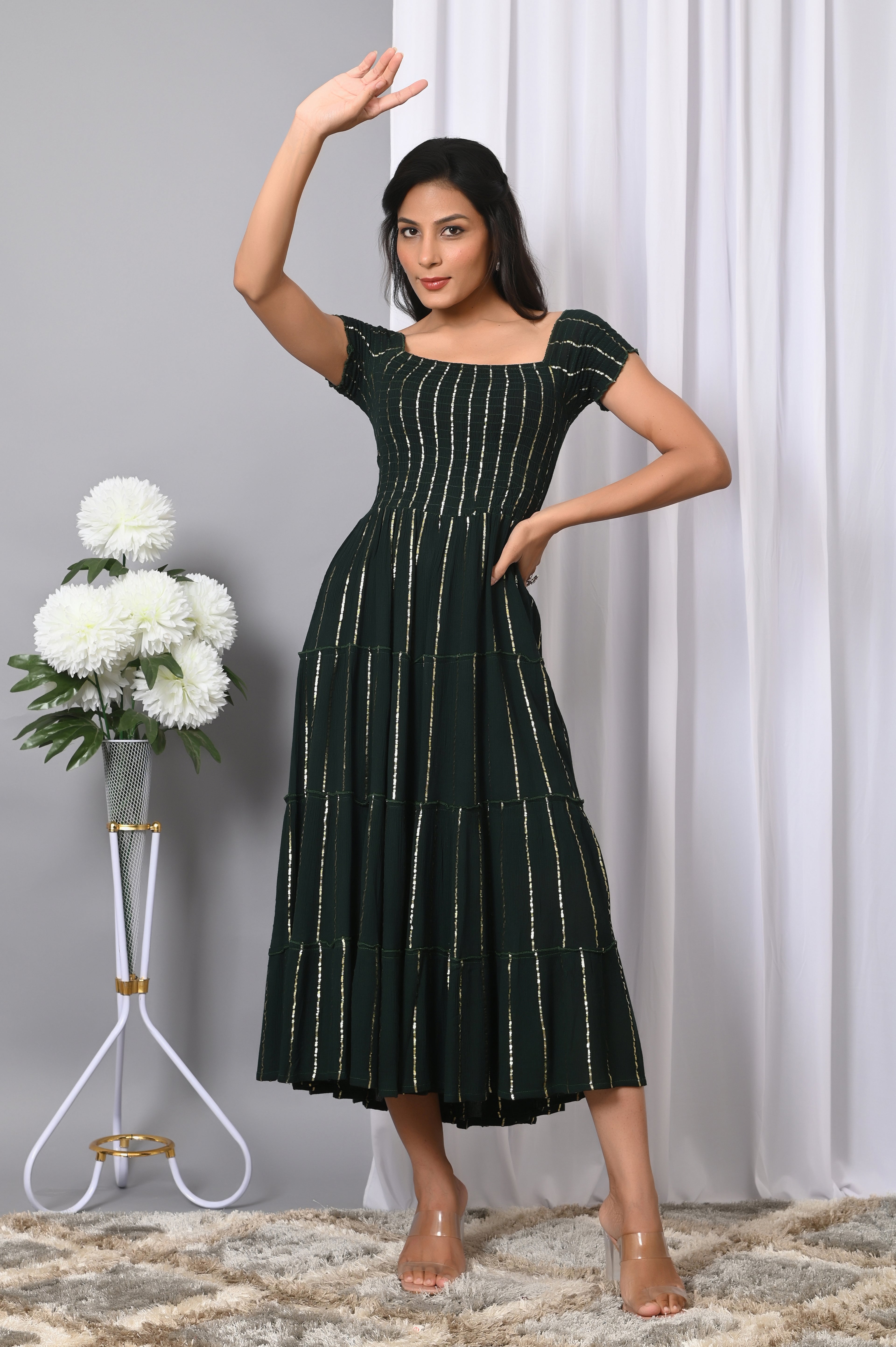 IQRAAR Women Rayon Square Neck Fit & Flared Western Wear Dress