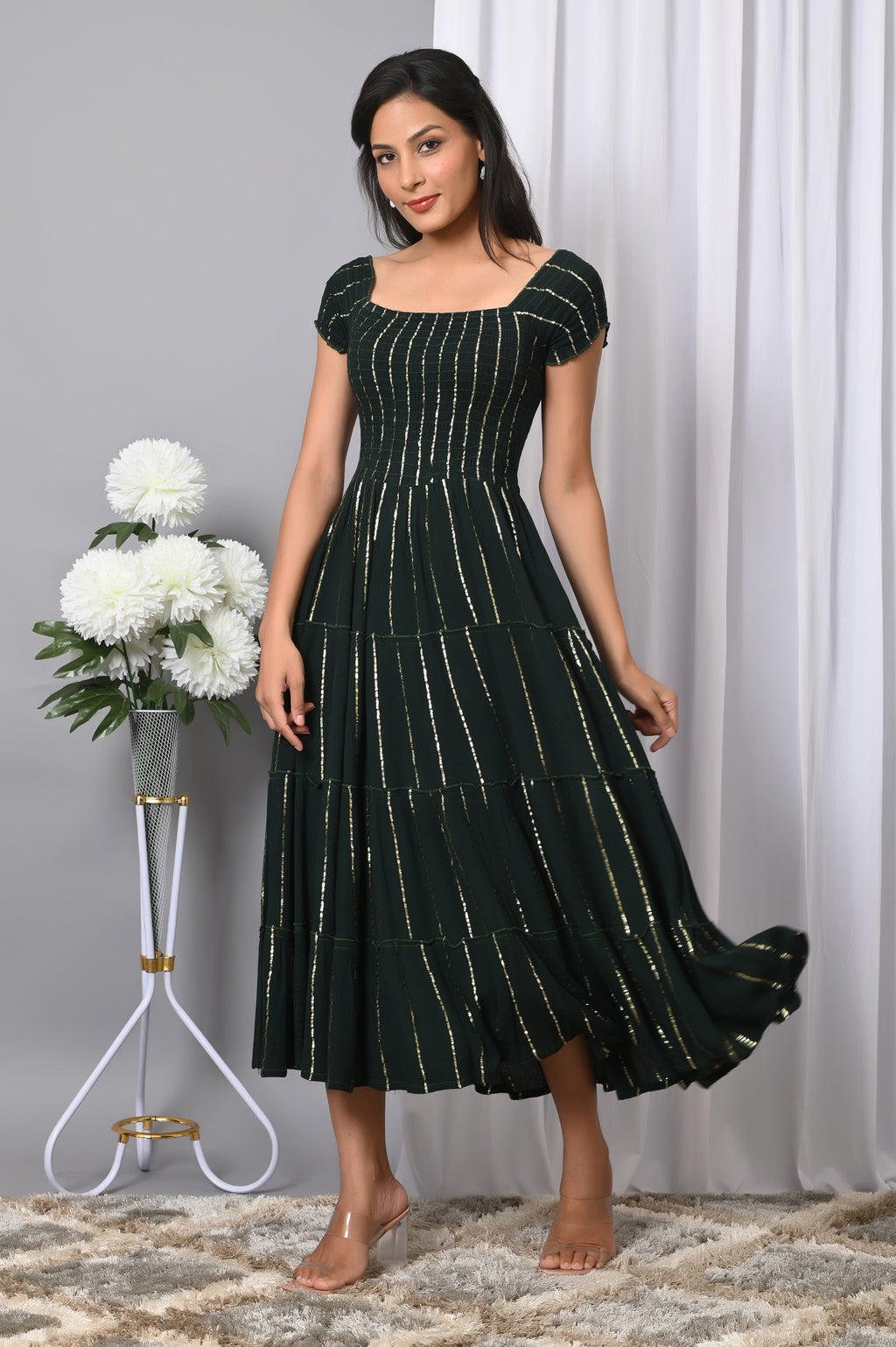IQRAAR Women Rayon Square Neck Fit & Flared Western Wear Dress
