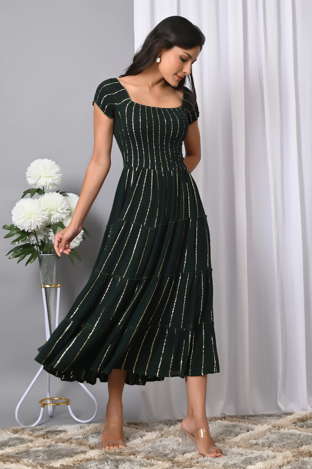 IQRAAR Women Rayon Square Neck Fit & Flared Western Wear Dress