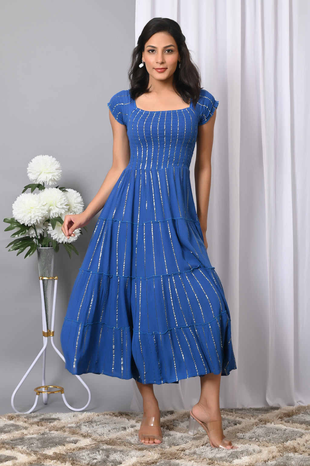 IQRAAR Women Rayon Square Neck Fit & Flared Western Wear Dress