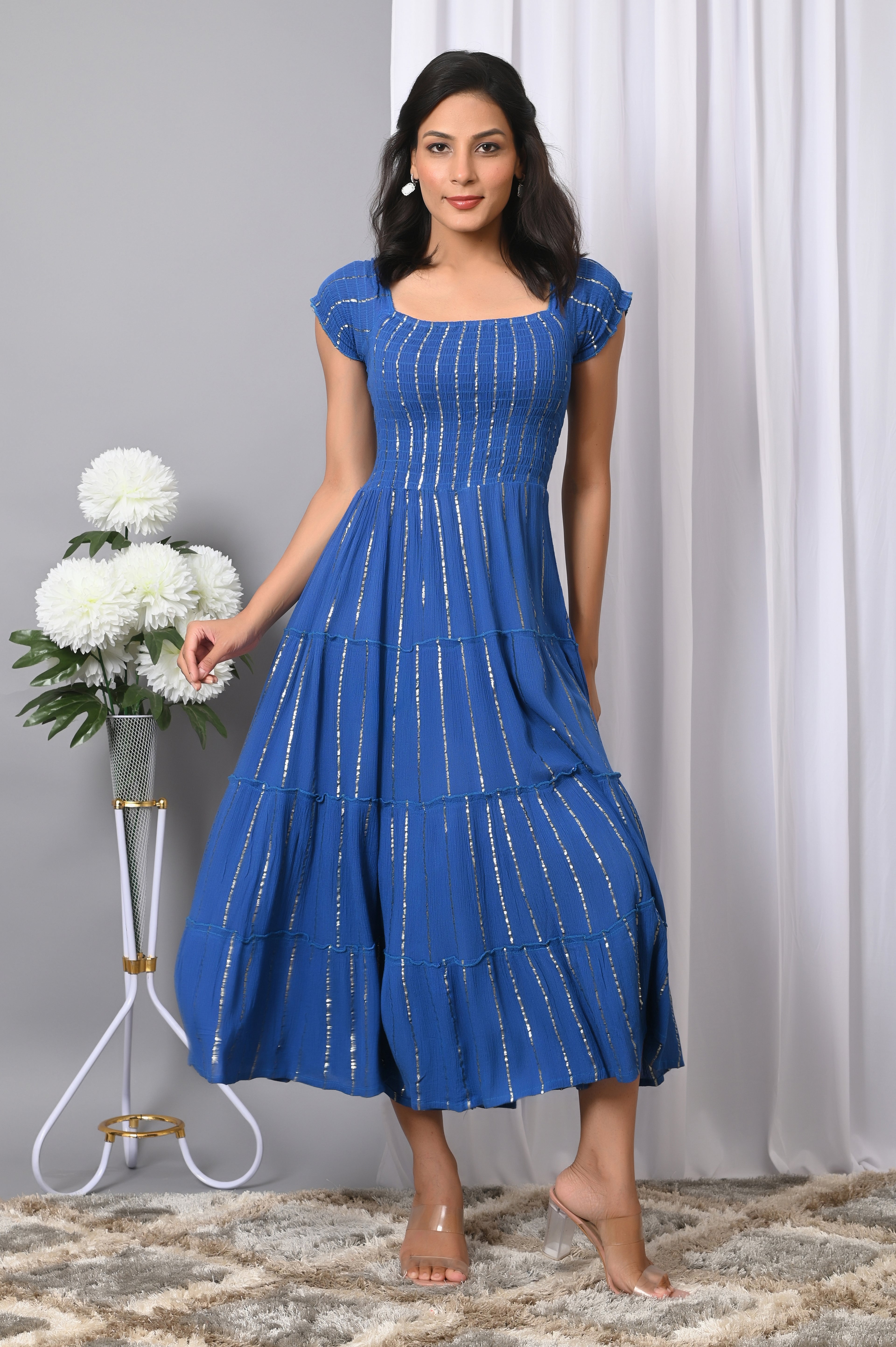 IQRAAR Women Rayon Square Neck Fit & Flared Western Wear Dress