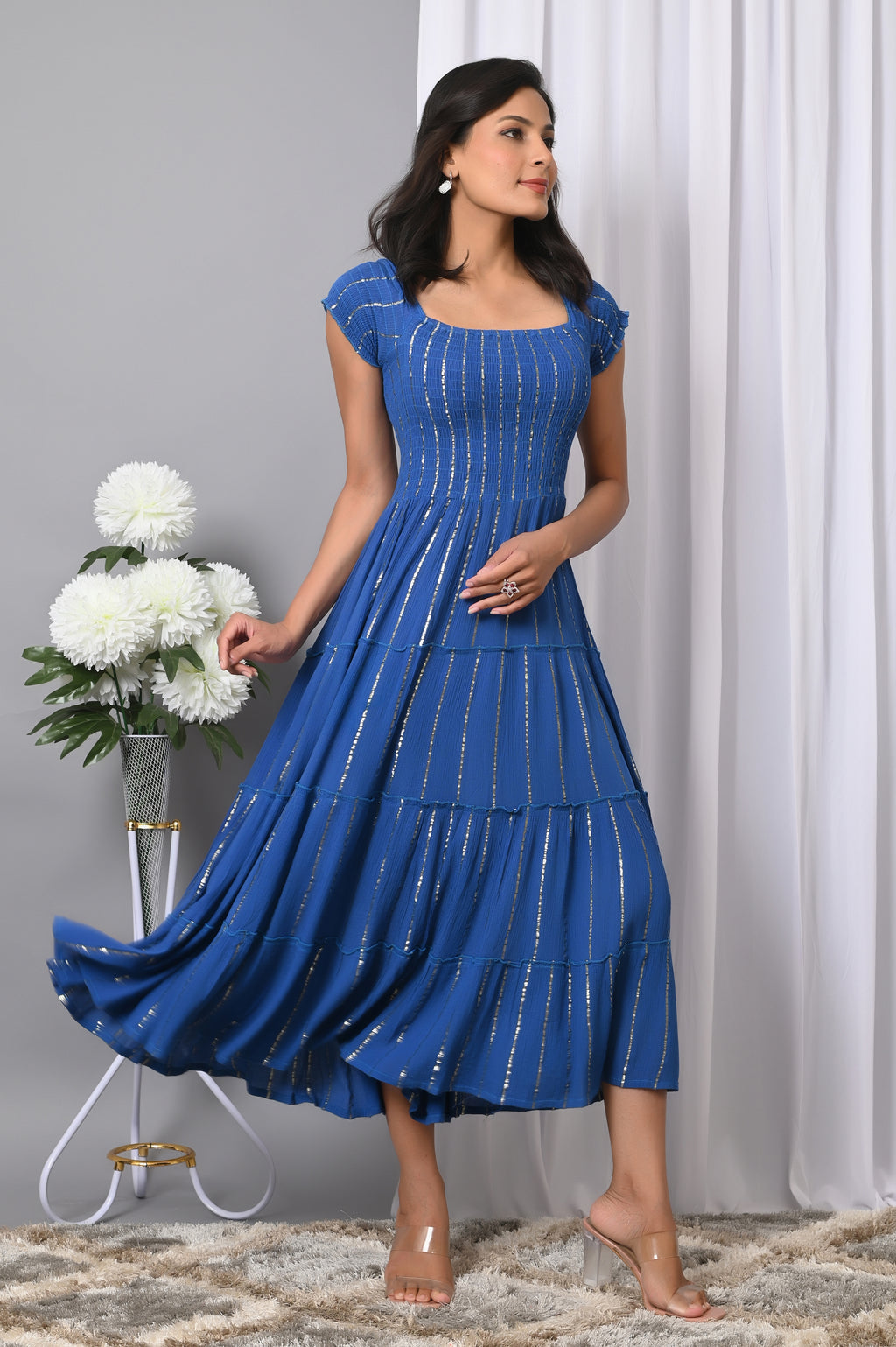IQRAAR Women Rayon Square Neck Fit & Flared Western Wear Dress