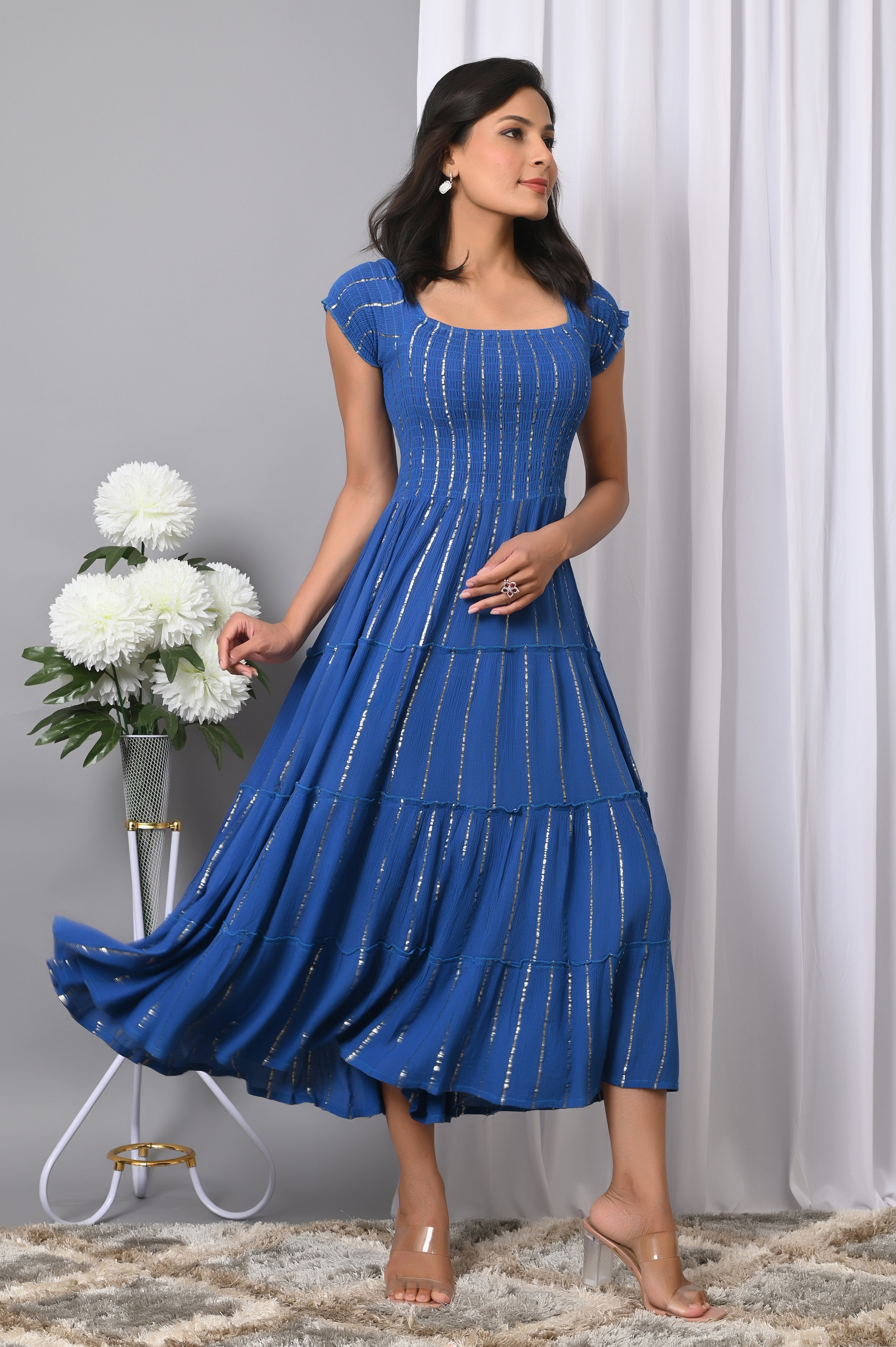 IQRAAR Women Rayon Square Neck Fit & Flared Western Wear Dress