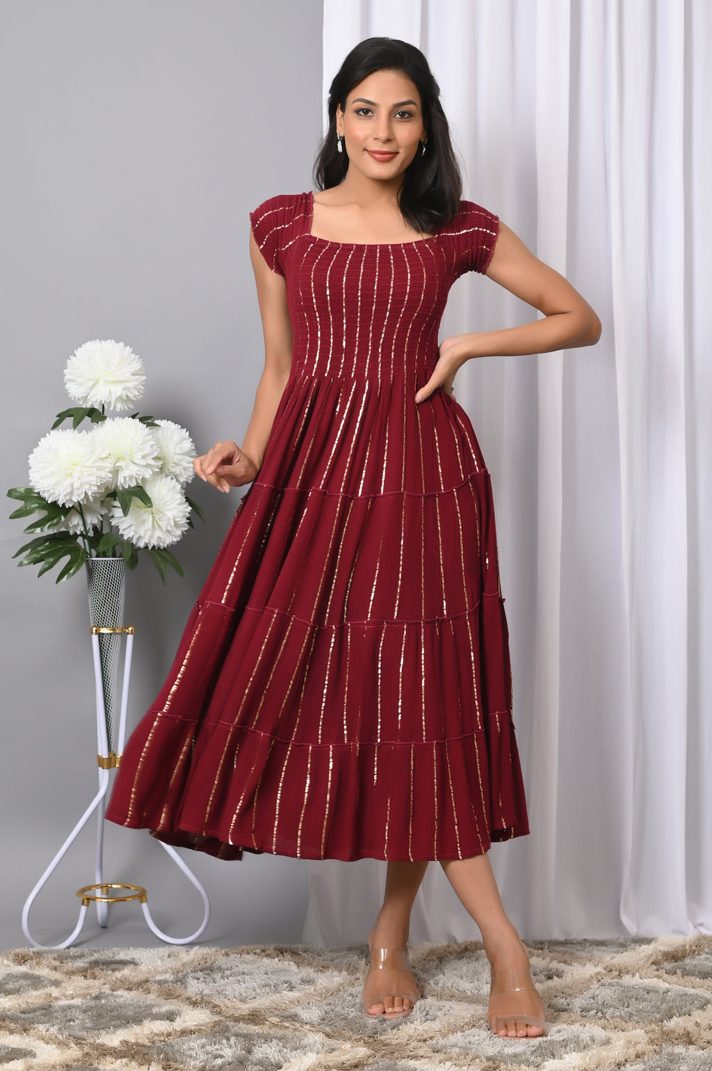 IQRAAR Women Rayon Square Neck Fit & Flared Western Wear Dress