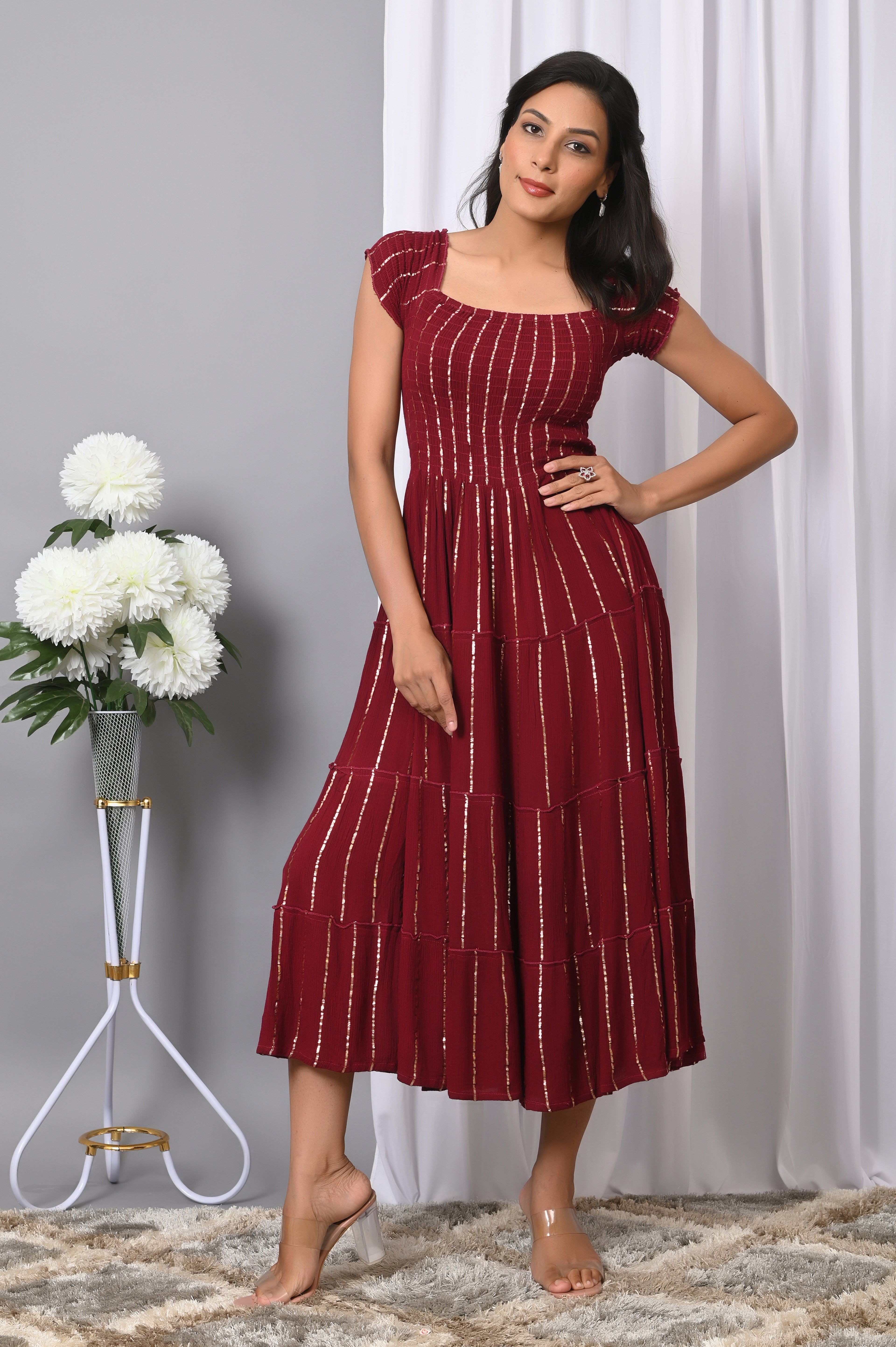IQRAAR Women Rayon Square Neck Fit & Flared Western Wear Dress