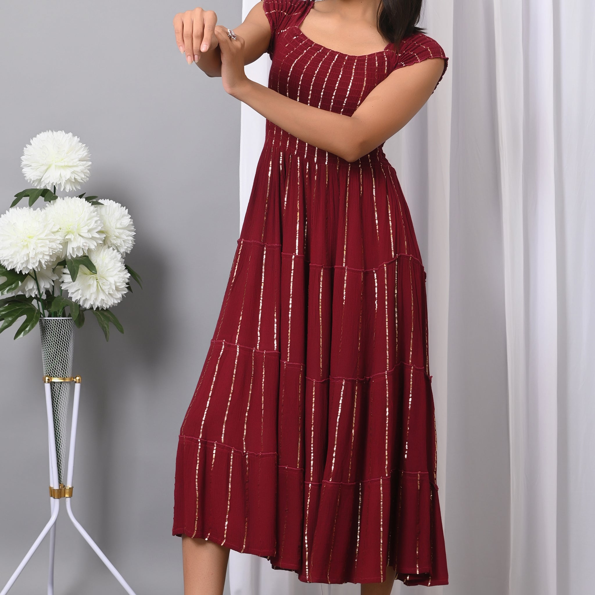 IQRAAR Women Rayon Square Neck Fit & Flared Western Wear Dress