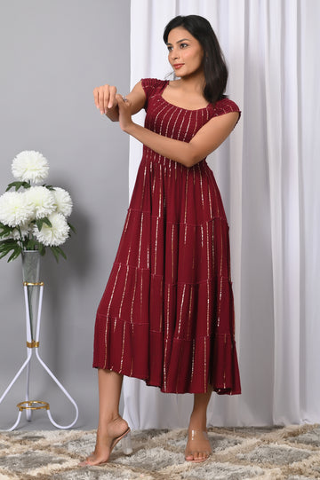 IQRAAR Women Rayon Square Neck Fit & Flared Western Wear Dress