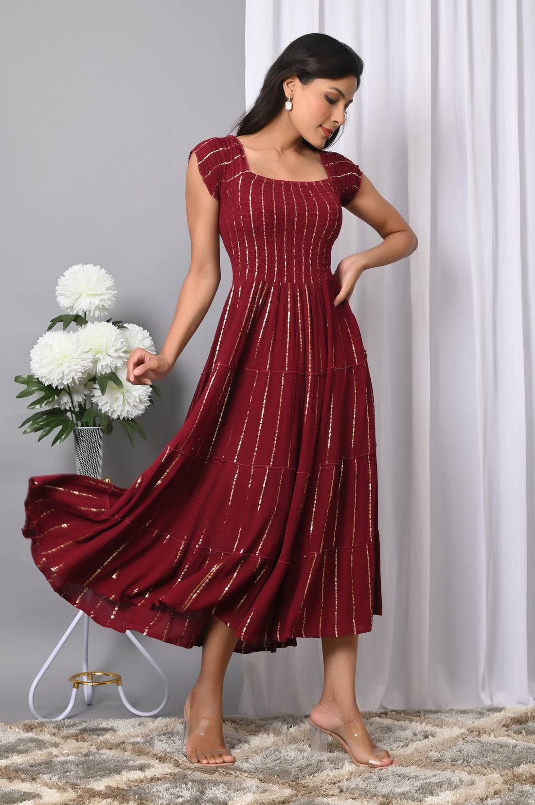 IQRAAR Women Rayon Square Neck Fit & Flared Western Wear Dress