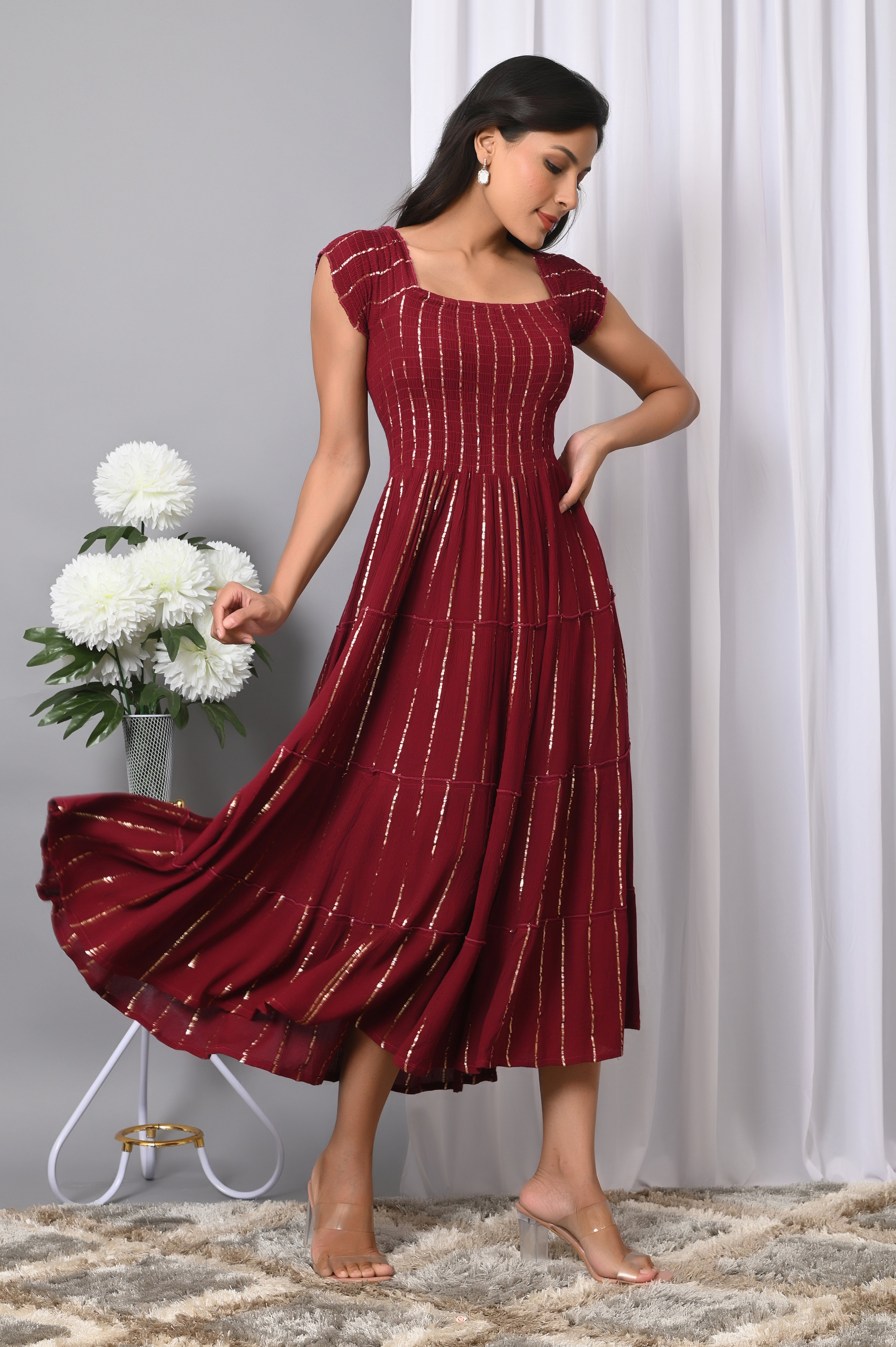 IQRAAR Women Rayon Square Neck Fit & Flared Western Wear Dress