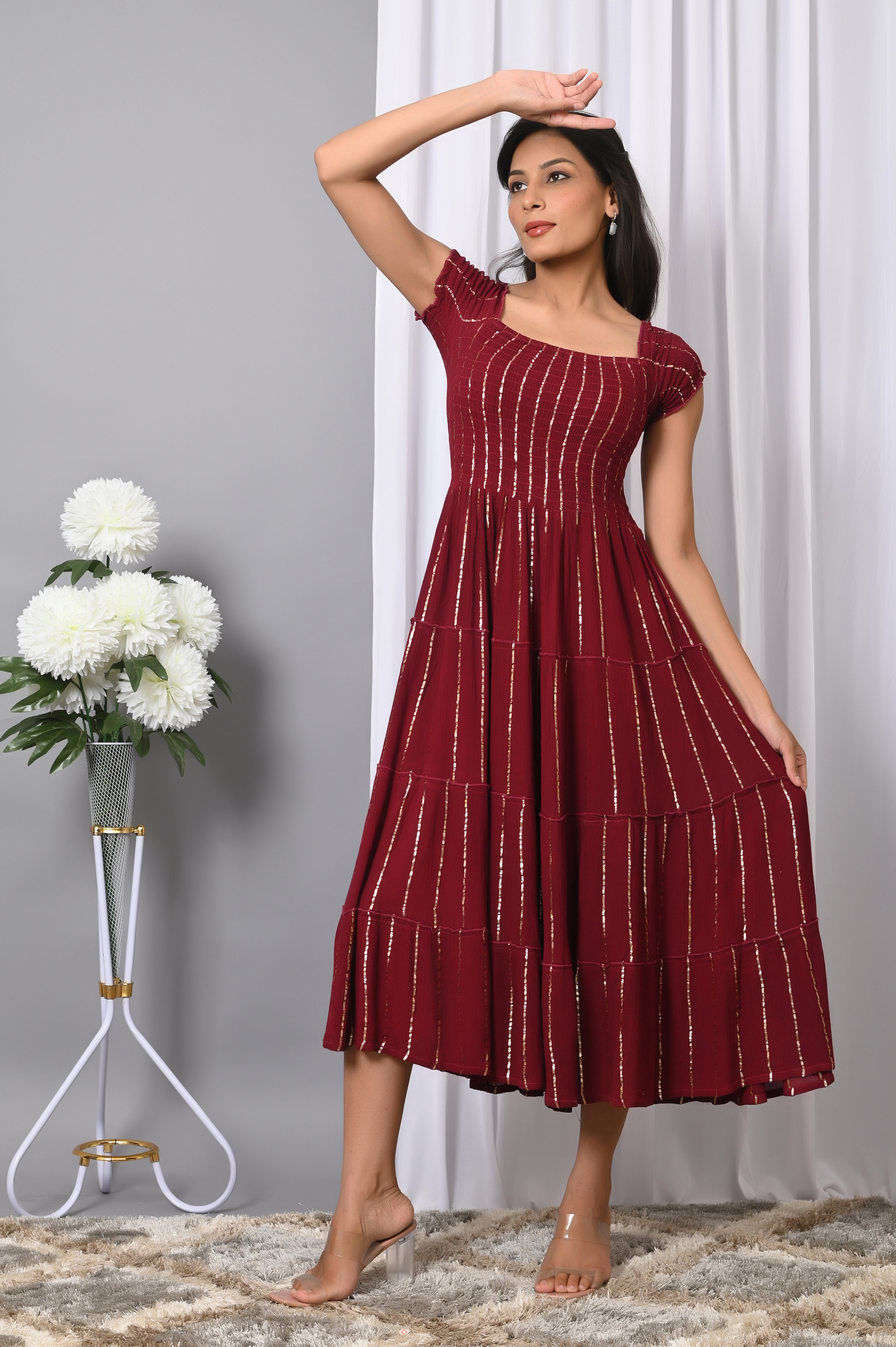 IQRAAR Women Rayon Square Neck Fit & Flared Western Wear Dress