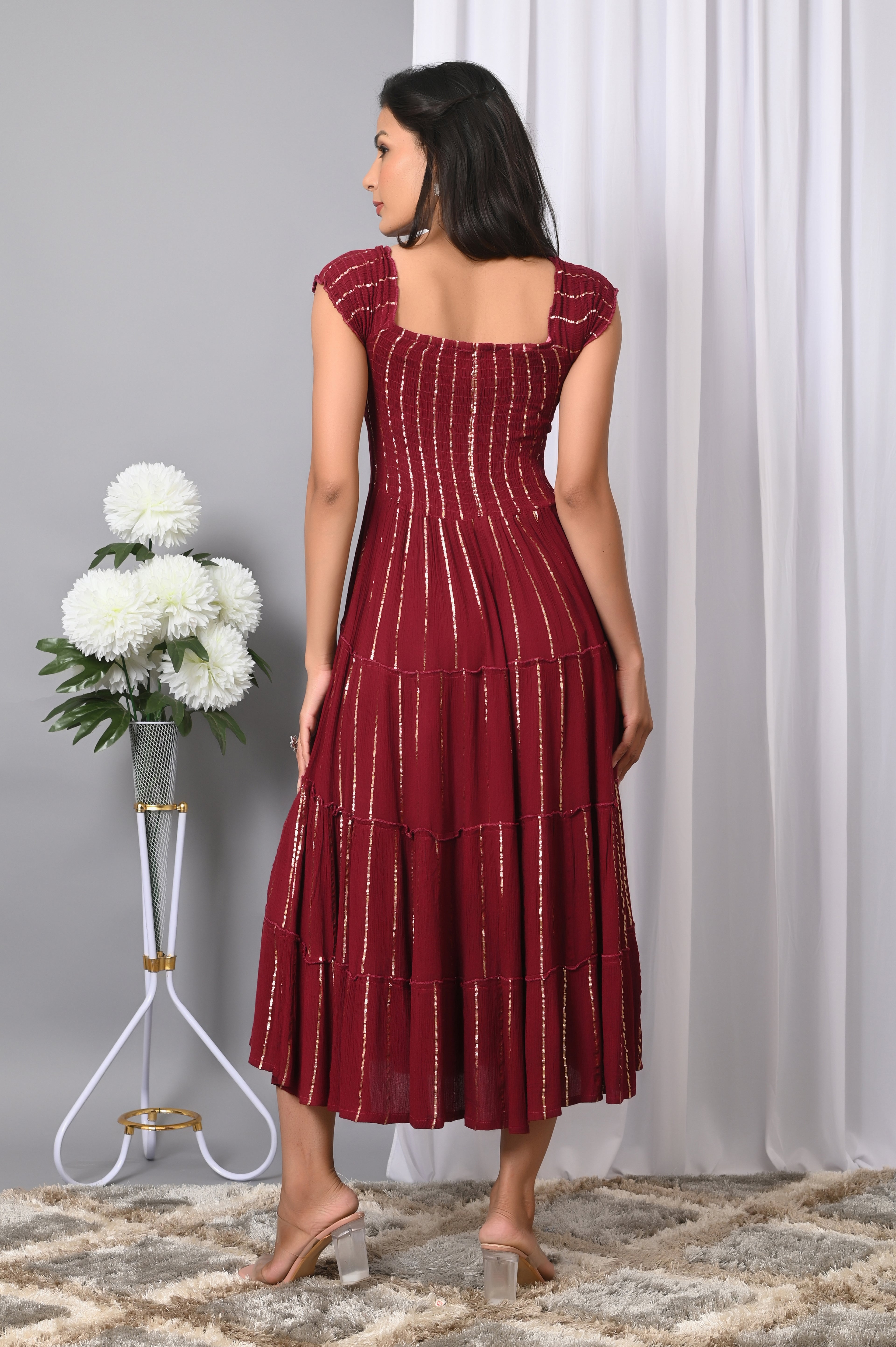 IQRAAR Women Rayon Square Neck Fit & Flared Western Wear Dress
