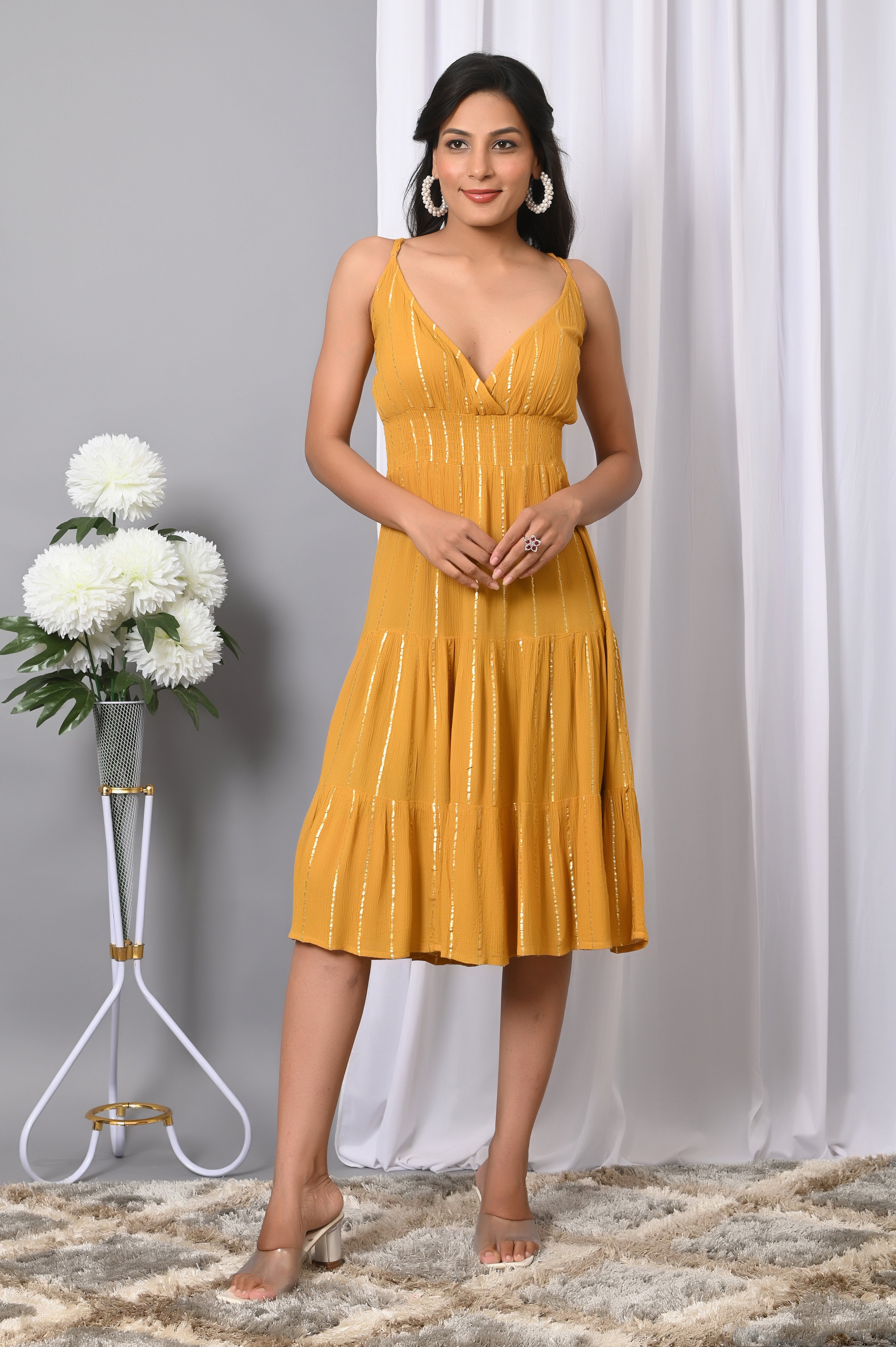 IQRAAR Women Rayon V Neck Fit & Flared Western Wear Dress