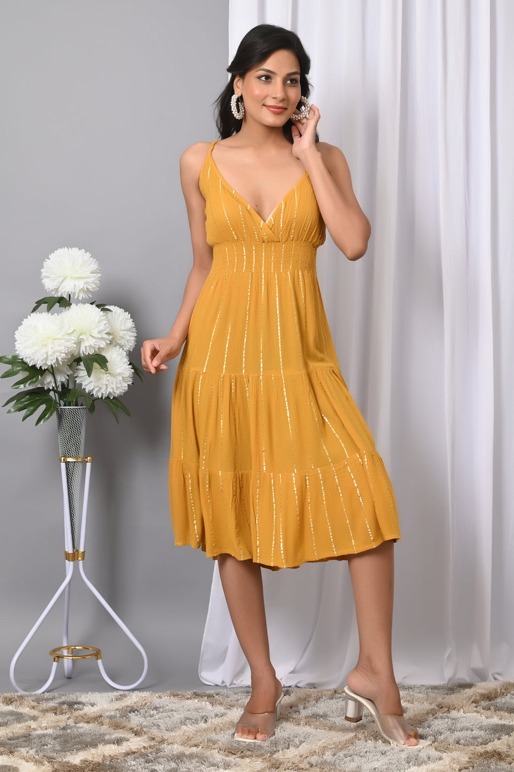 IQRAAR Women Rayon V Neck Fit & Flared Western Wear Dress