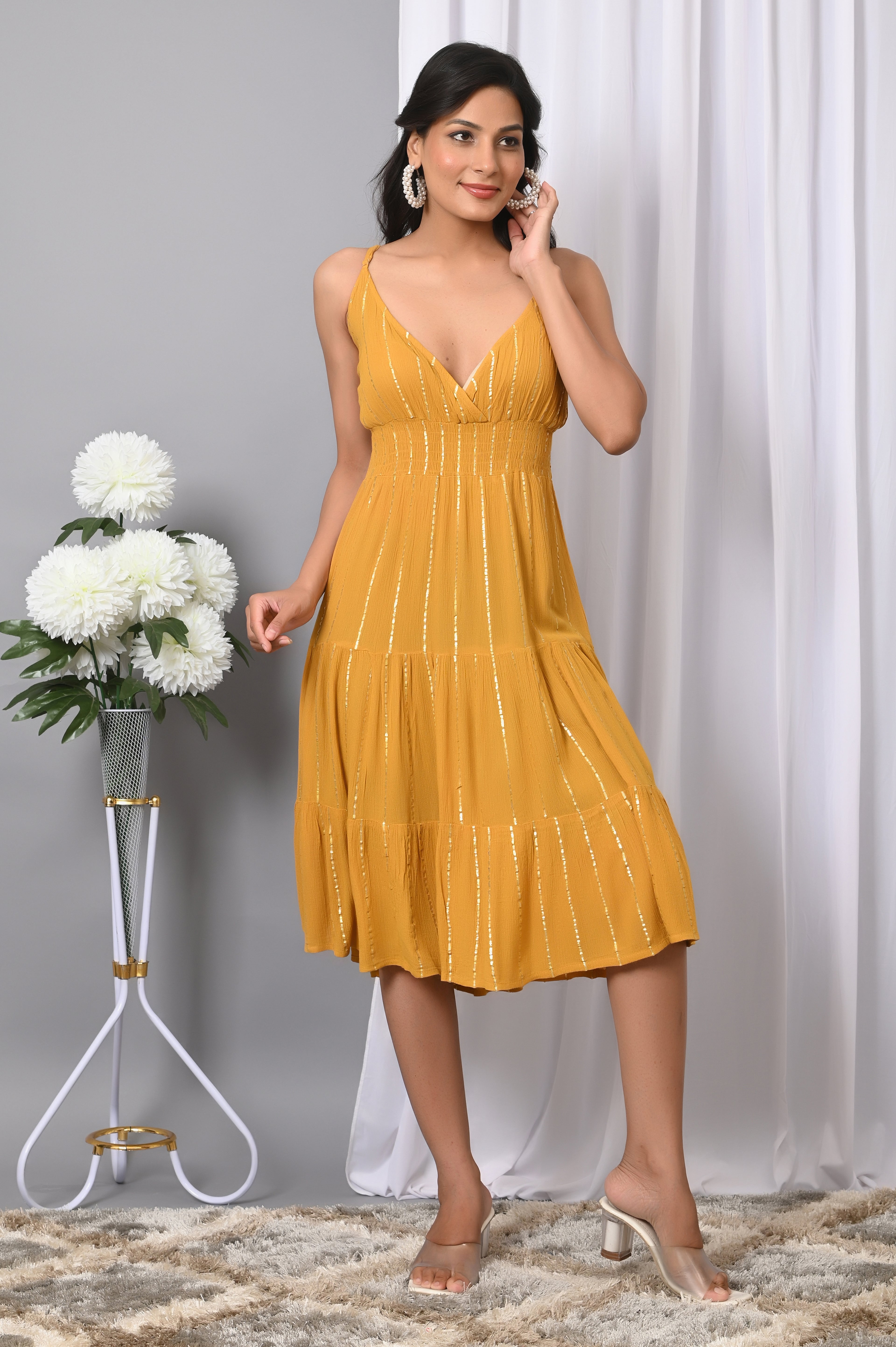 IQRAAR Women Rayon V Neck Fit & Flared Western Wear Dress