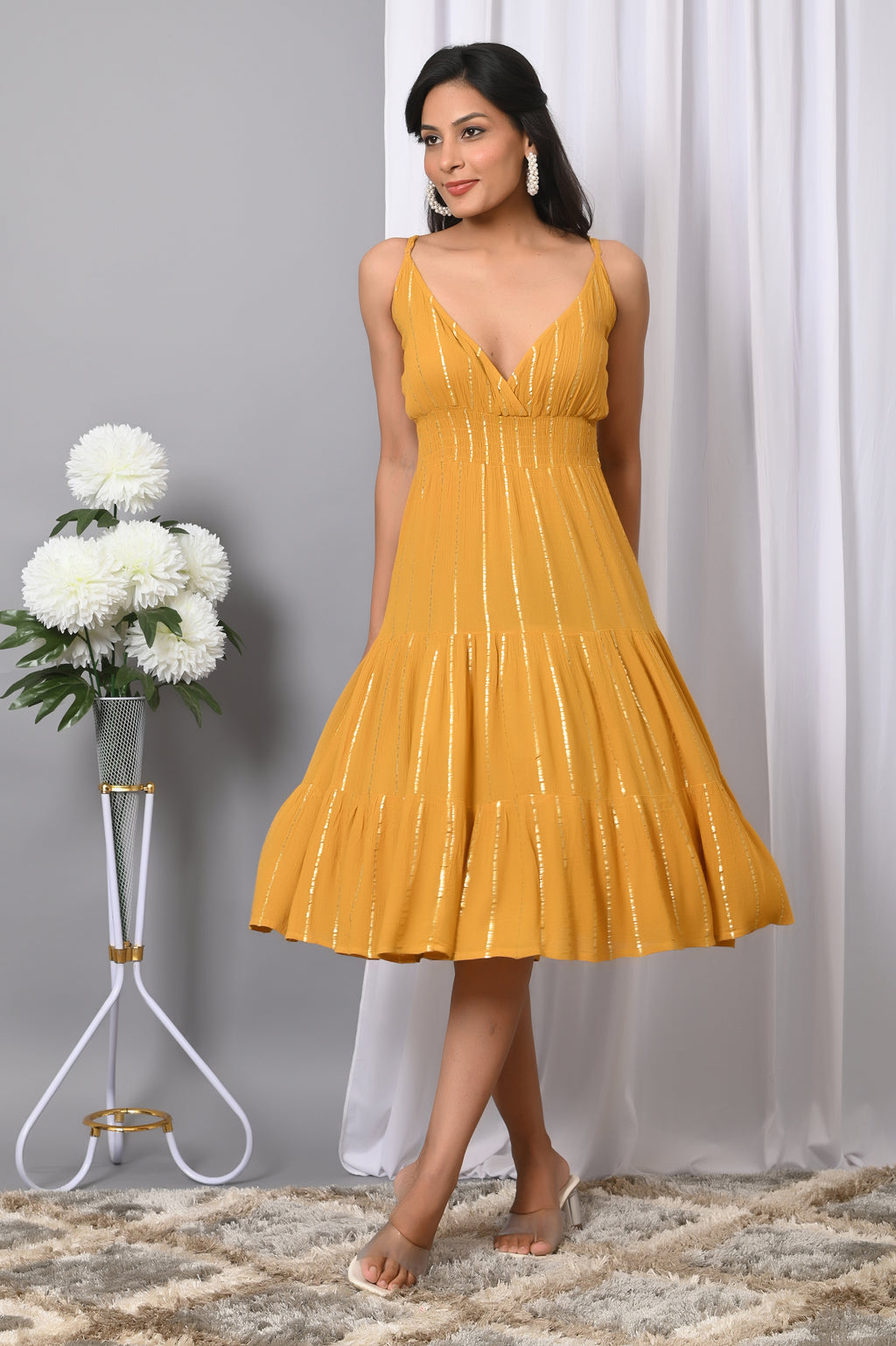 IQRAAR Women Rayon V Neck Fit & Flared Western Wear Dress