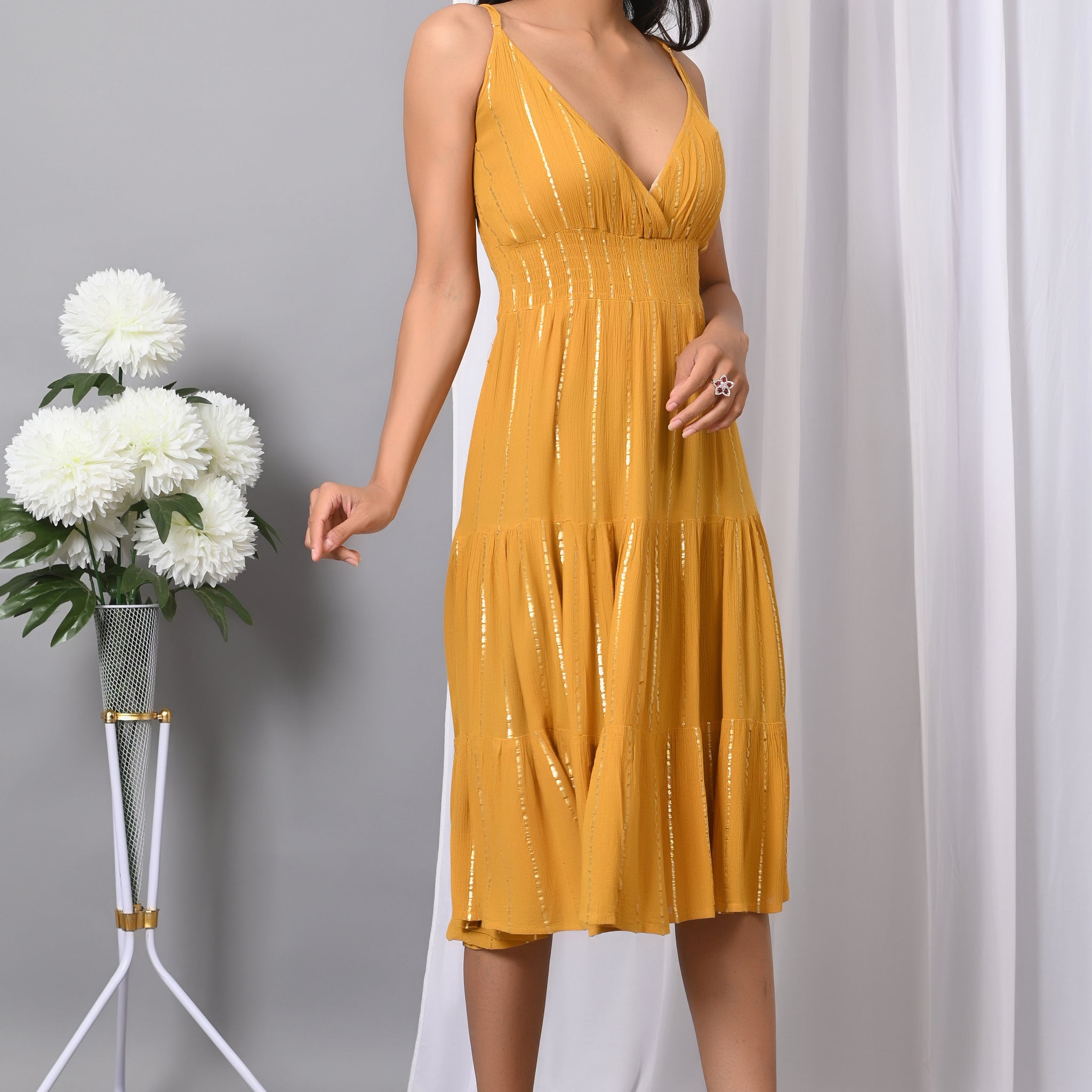 IQRAAR Women Rayon V Neck Fit & Flared Western Wear Dress