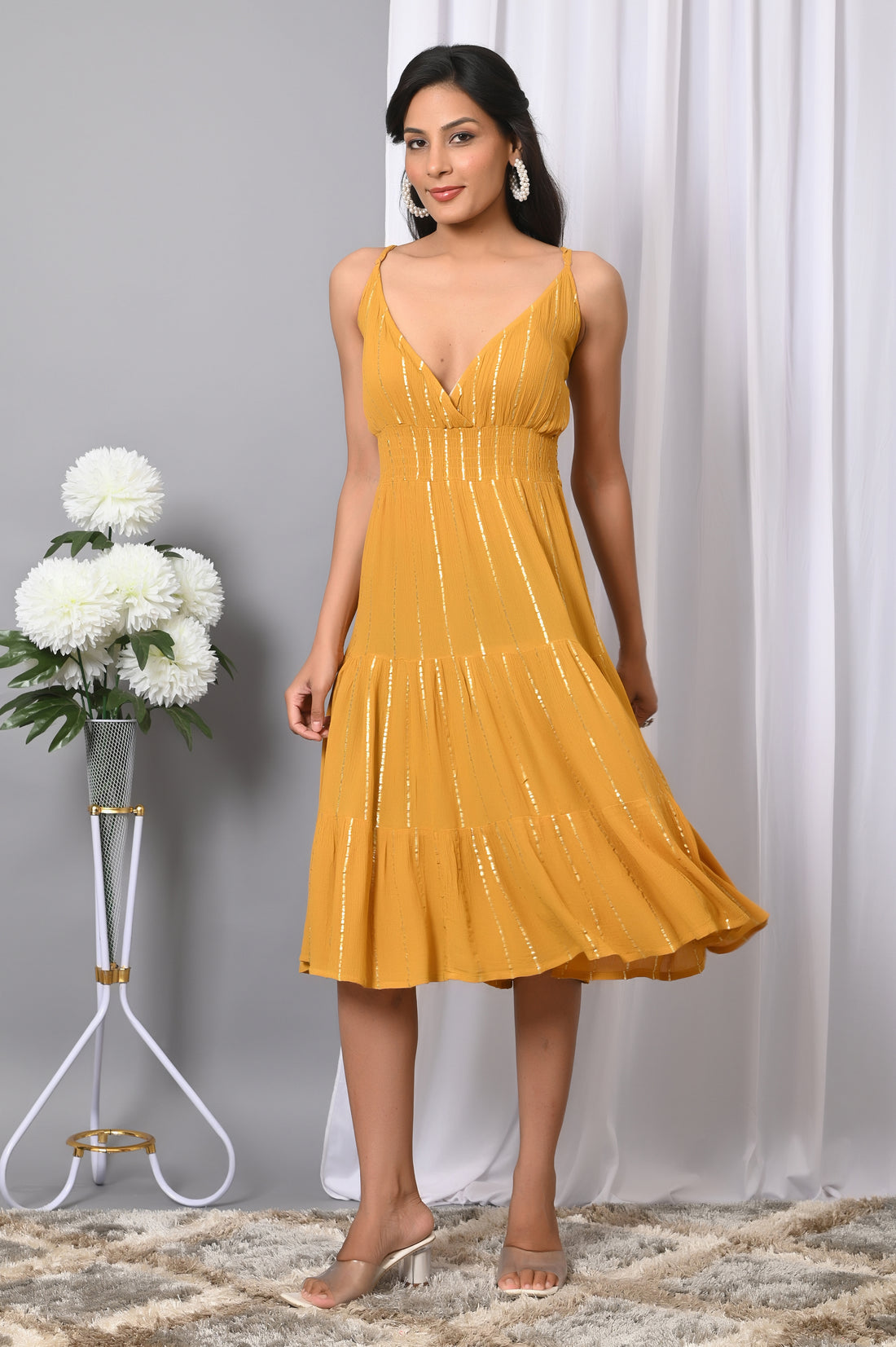 IQRAAR Women Rayon V Neck Fit & Flared Western Wear Dress