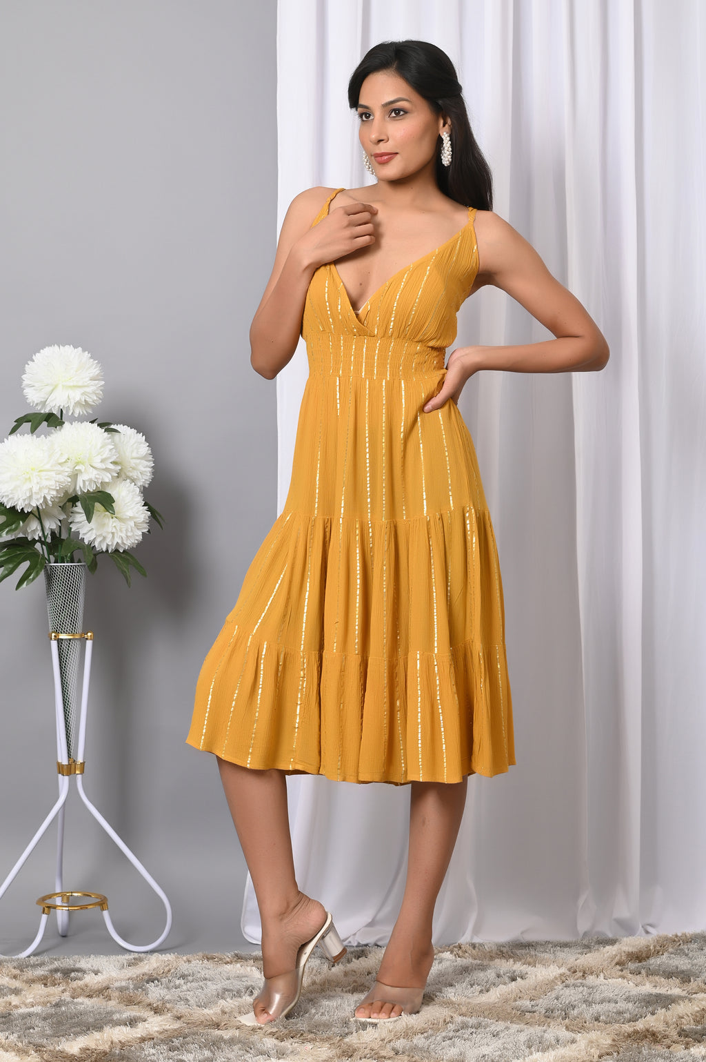 IQRAAR Women Rayon V Neck Fit & Flared Western Wear Dress