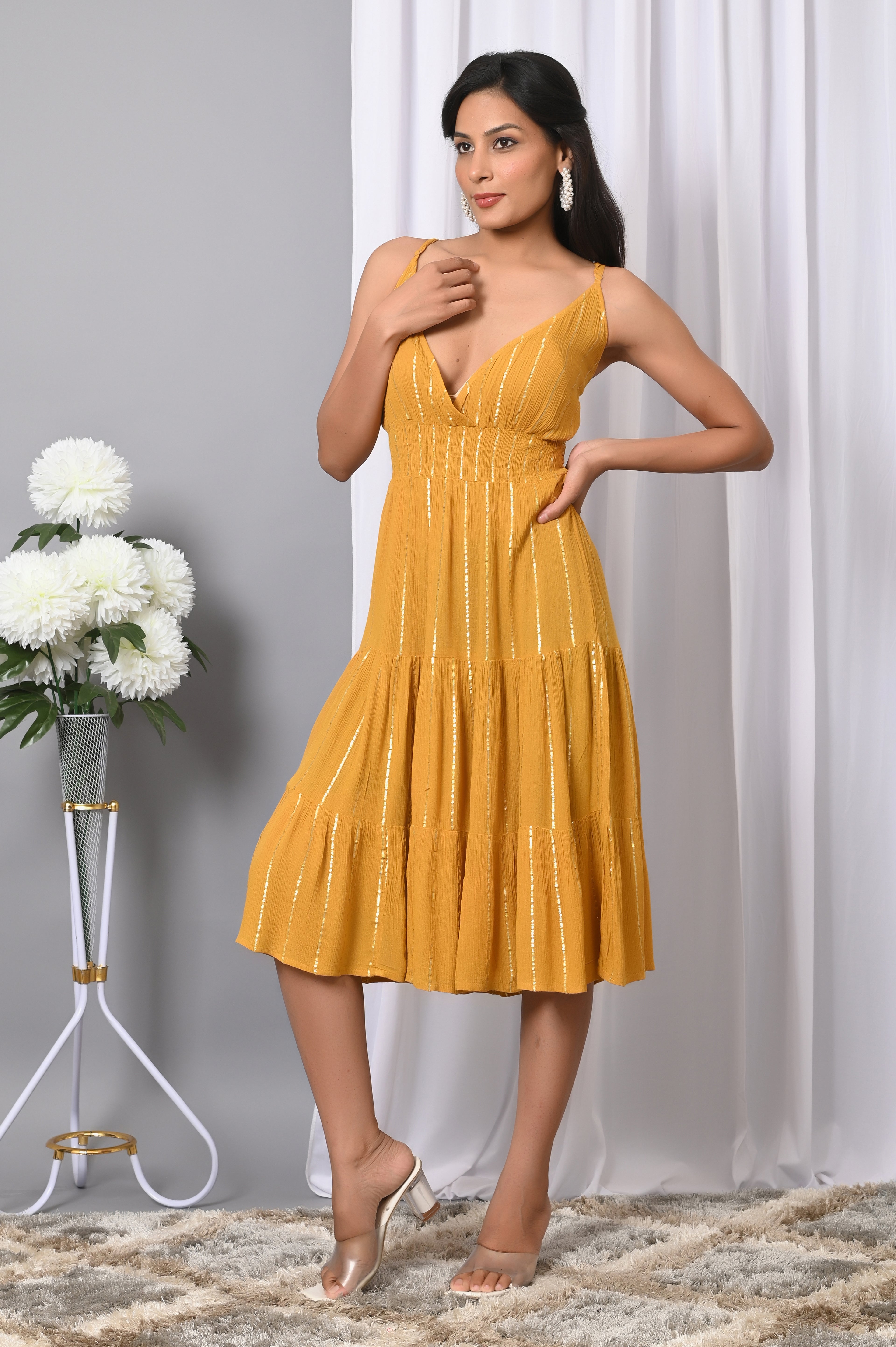 IQRAAR Women Rayon V Neck Fit & Flared Western Wear Dress