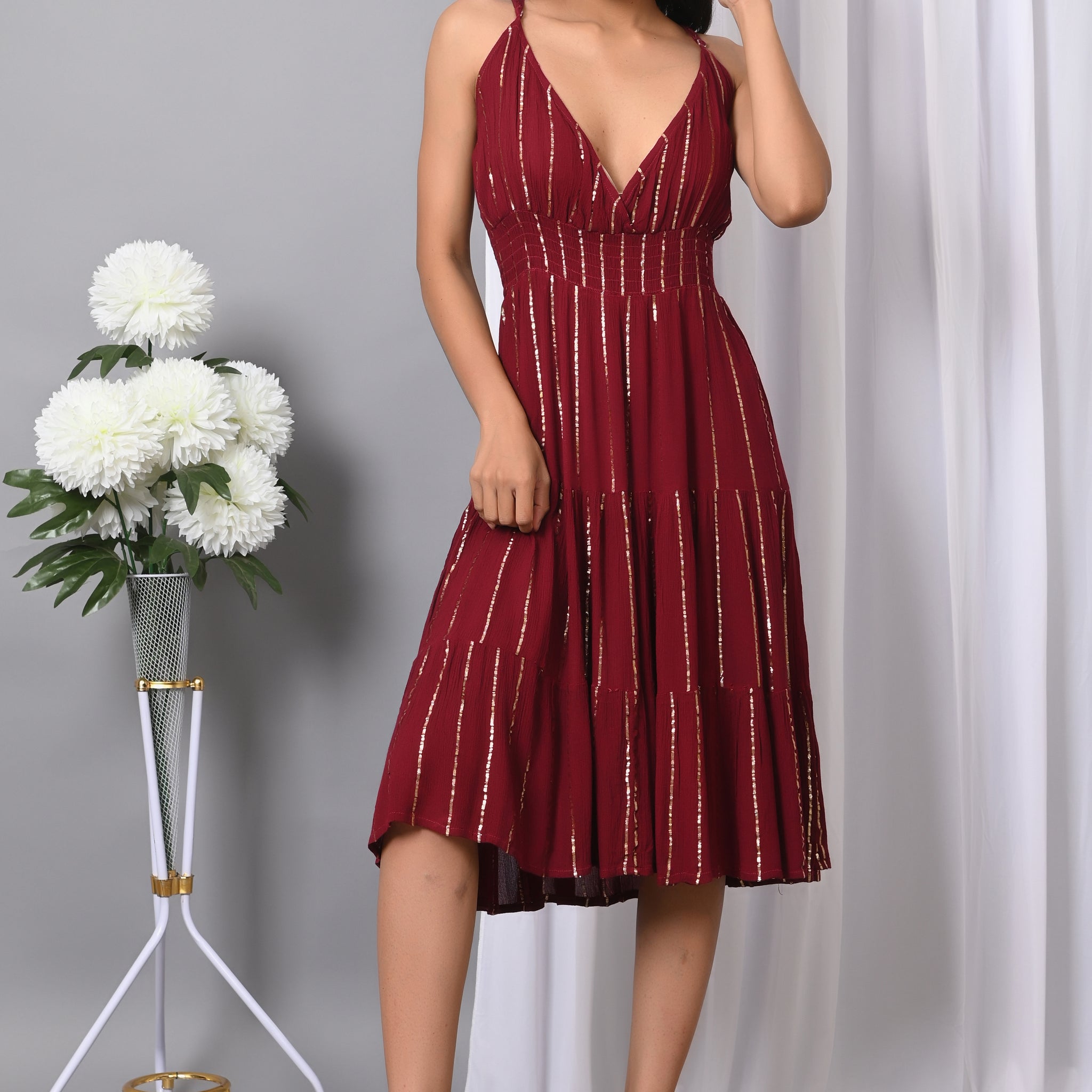 IQRAAR Women Rayon V Neck Fit & Flared Western Wear Dress