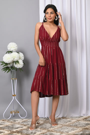 IQRAAR Women Rayon V Neck Fit & Flared Western Wear Dress