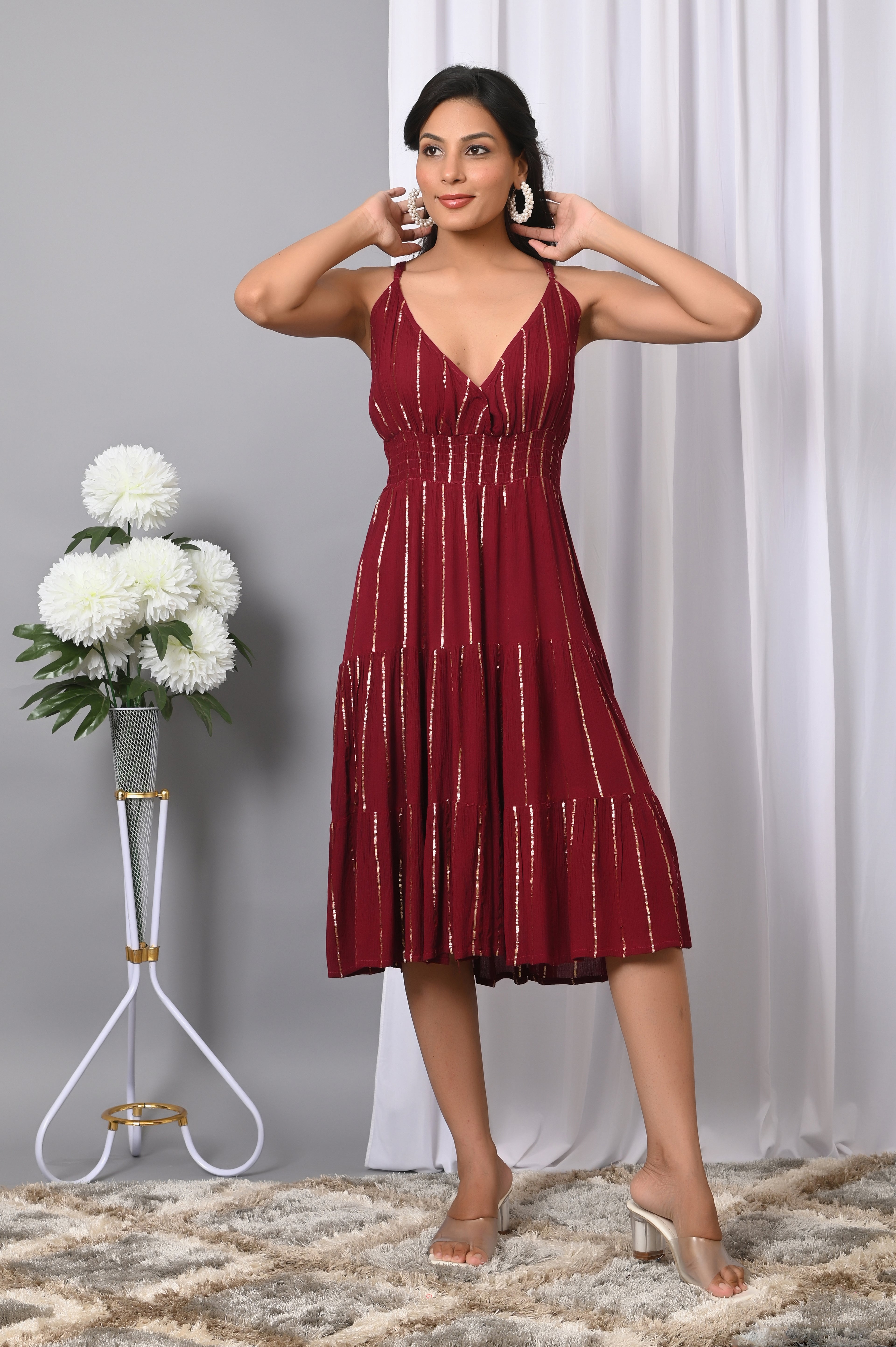 IQRAAR Women Rayon V Neck Fit & Flared Western Wear Dress
