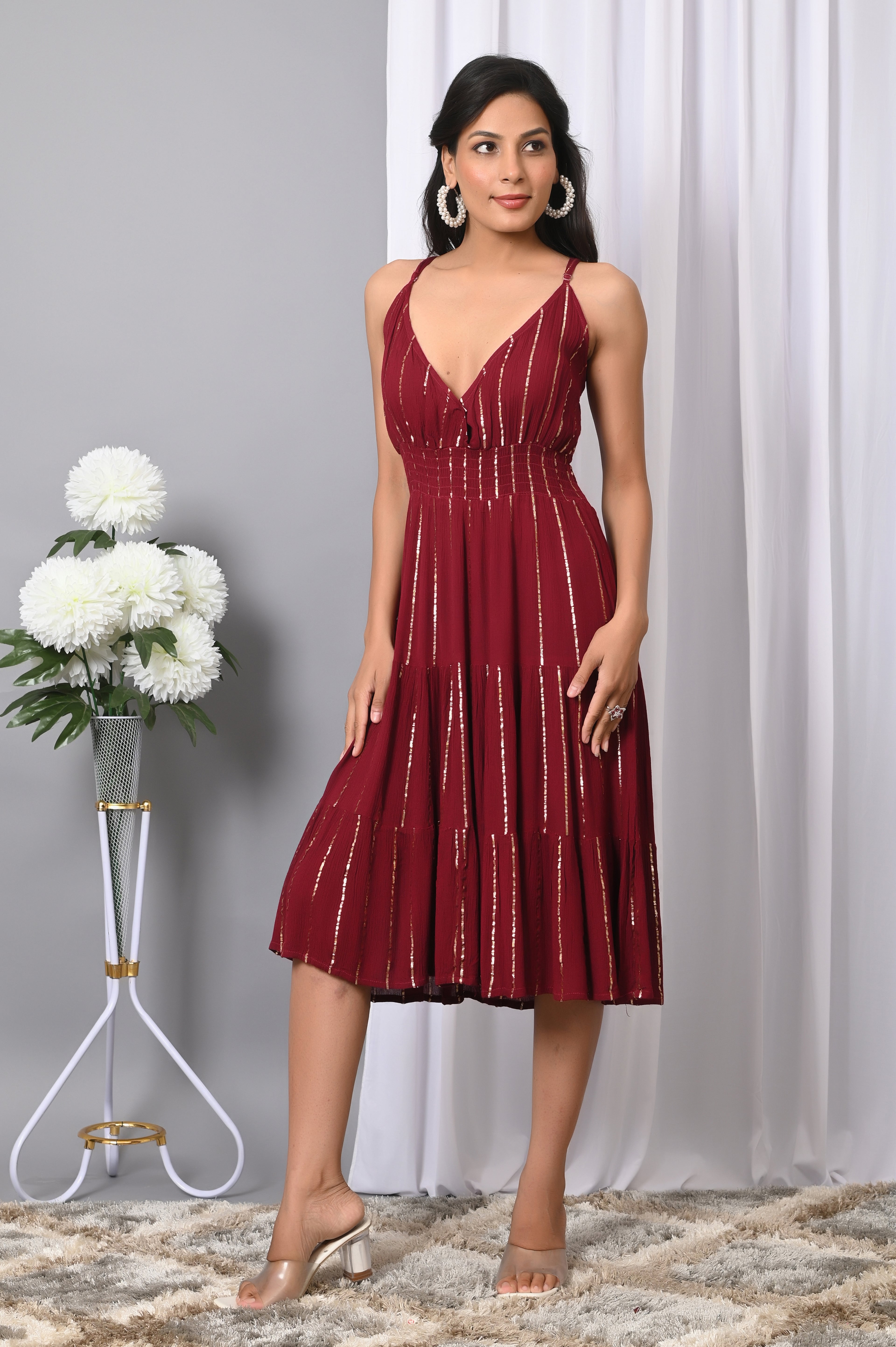 IQRAAR Women Rayon V Neck Fit & Flared Western Wear Dress