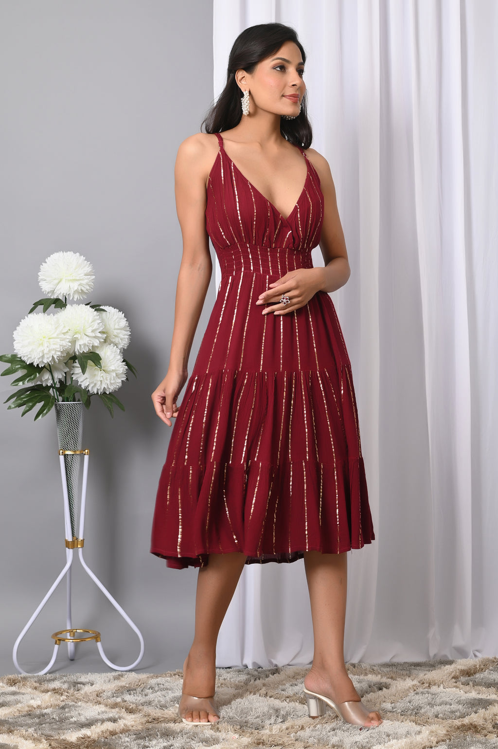 IQRAAR Women Rayon V Neck Fit & Flared Western Wear Dress