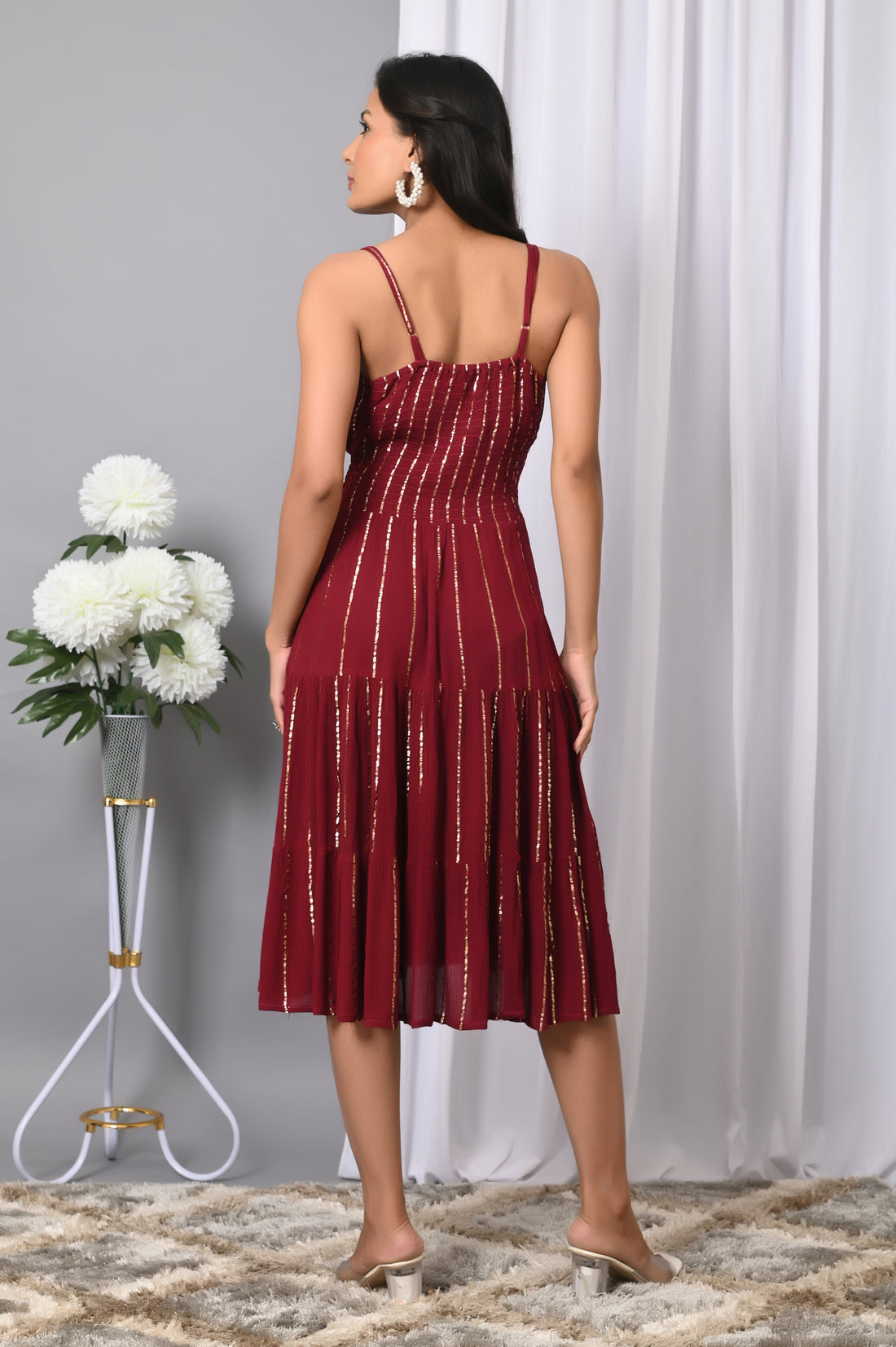 IQRAAR Women Rayon V Neck Fit & Flared Western Wear Dress