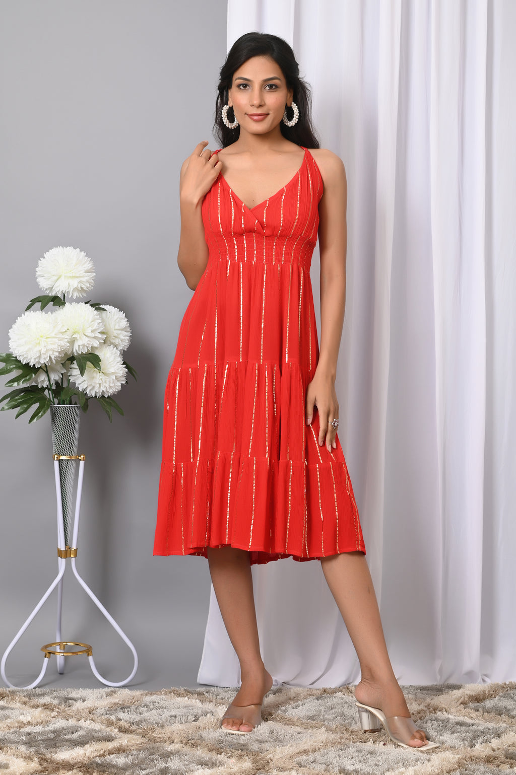 IQRAAR Women Rayon V Neck Fit & Flared Western Wear Dress