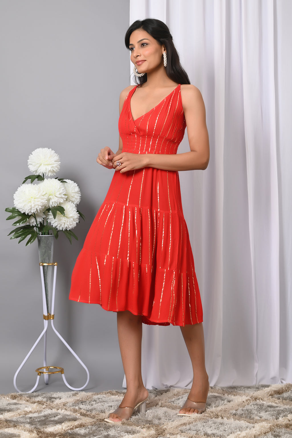 IQRAAR Women Rayon V Neck Fit & Flared Western Wear Dress