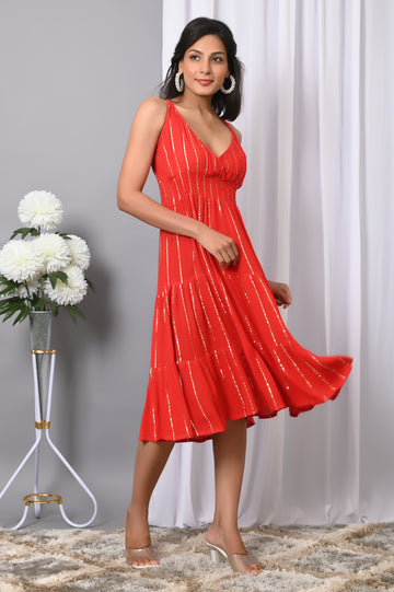 IQRAAR Women Rayon V Neck Fit & Flared Western Wear Dress