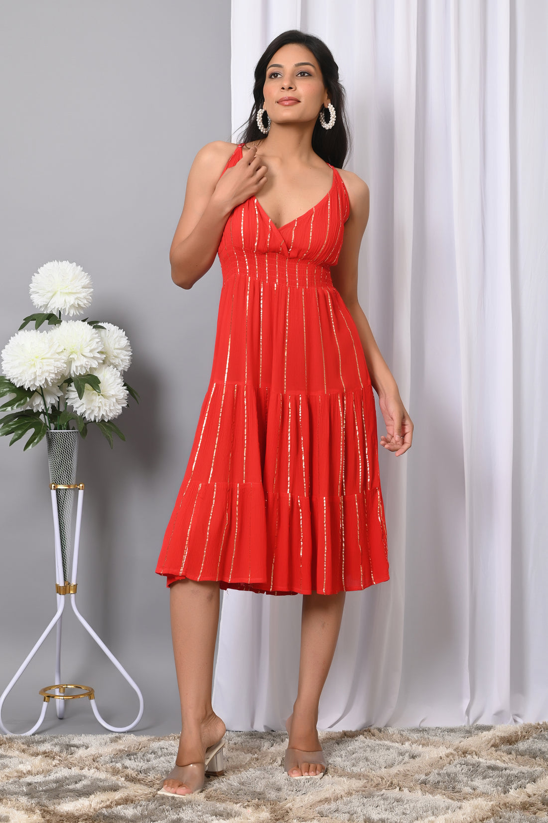 IQRAAR Women Rayon V Neck Fit & Flared Western Wear Dress