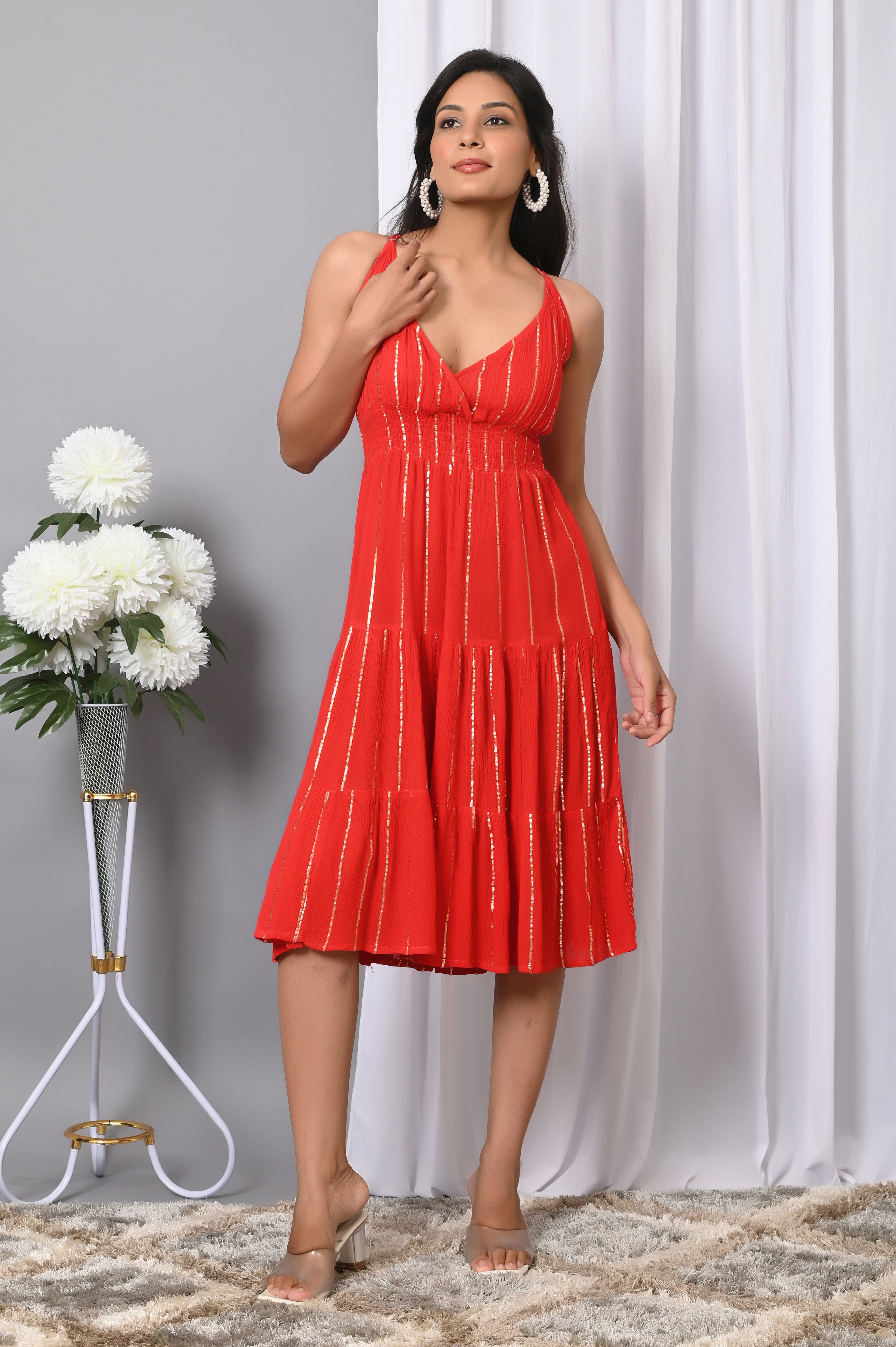 IQRAAR Women Rayon V Neck Fit & Flared Western Wear Dress