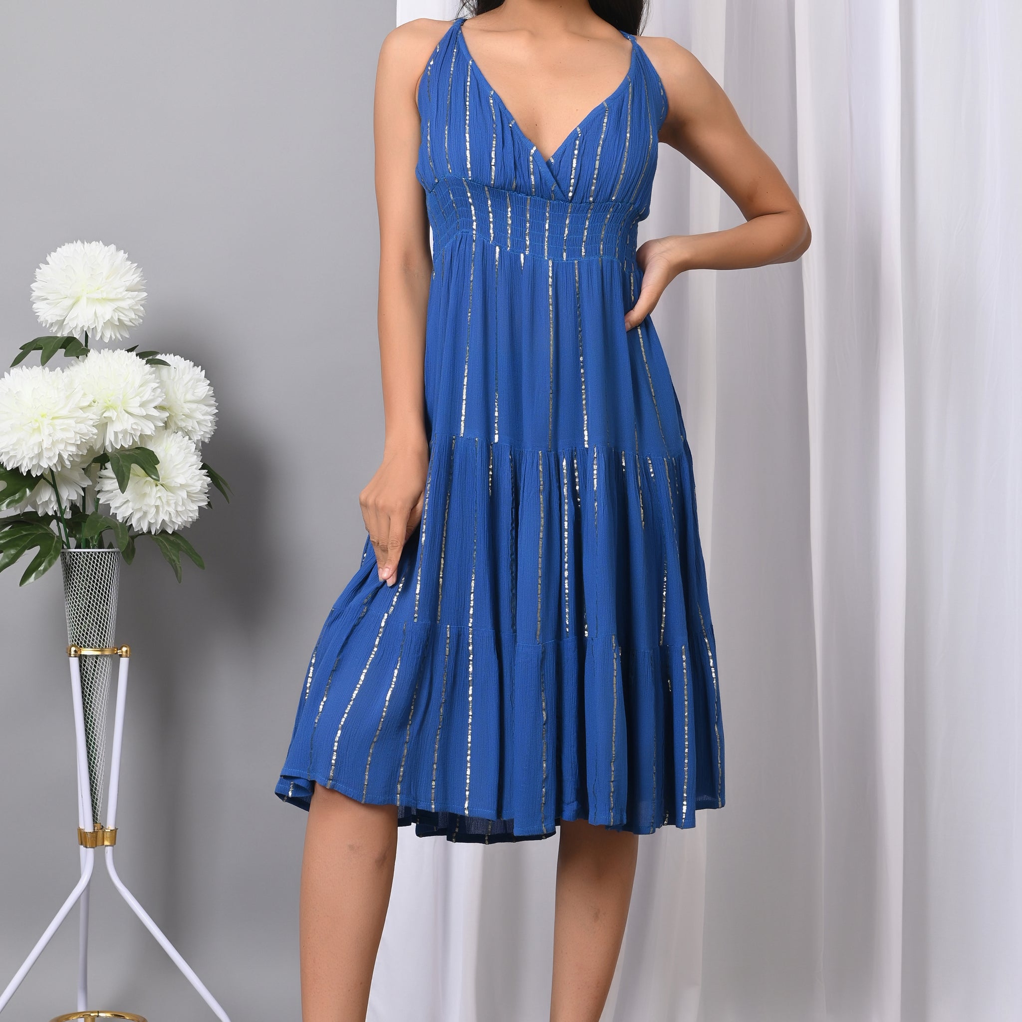 IQRAAR Women Rayon V Neck Fit & Flared Western Wear Dress