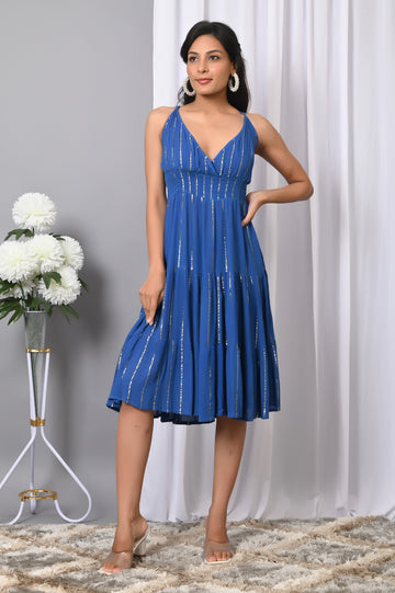 IQRAAR Women Rayon V Neck Fit & Flared Western Wear Dress