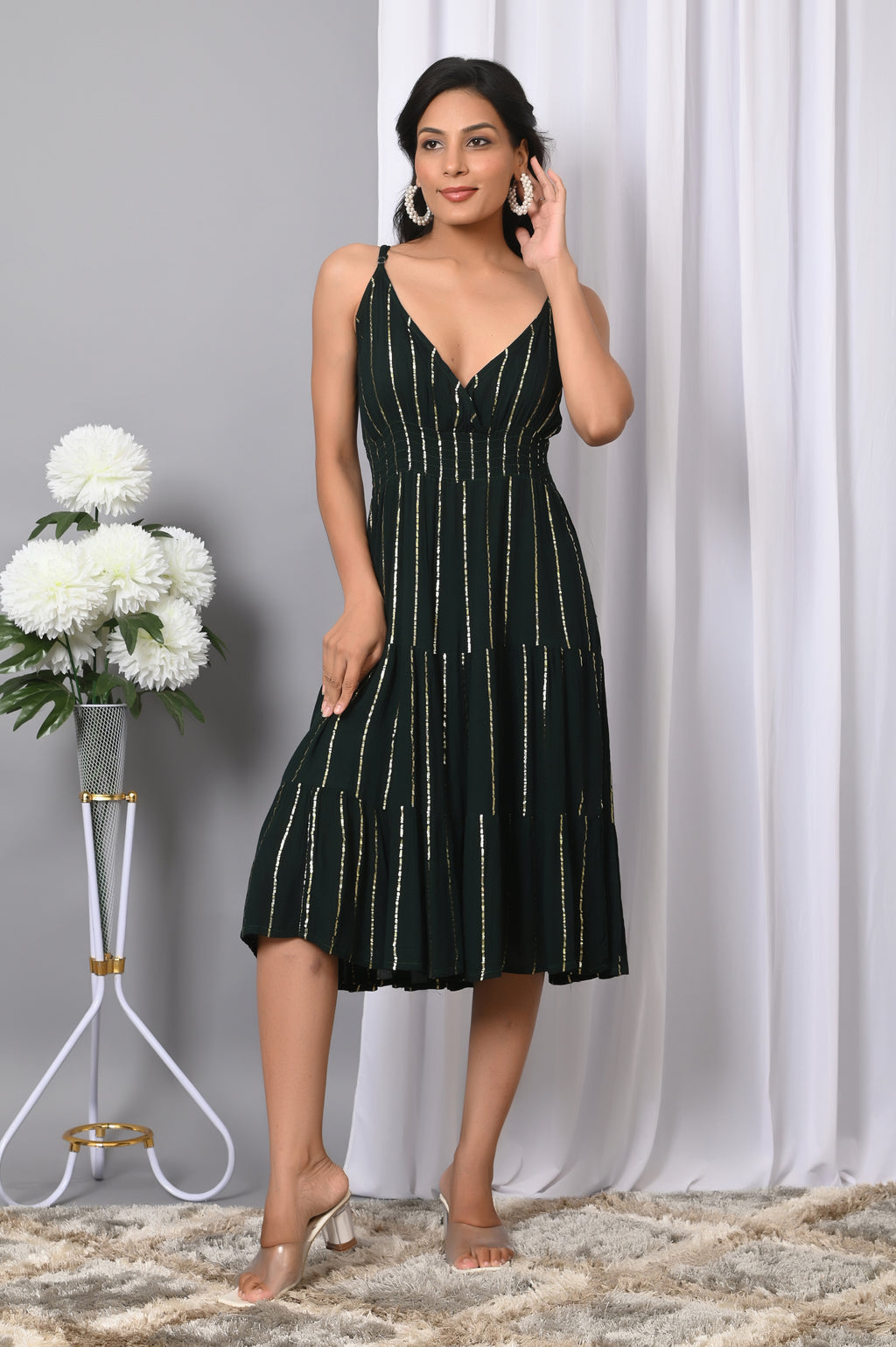 IQRAAR Women Rayon V Neck Fit & Flared Western Wear Dress