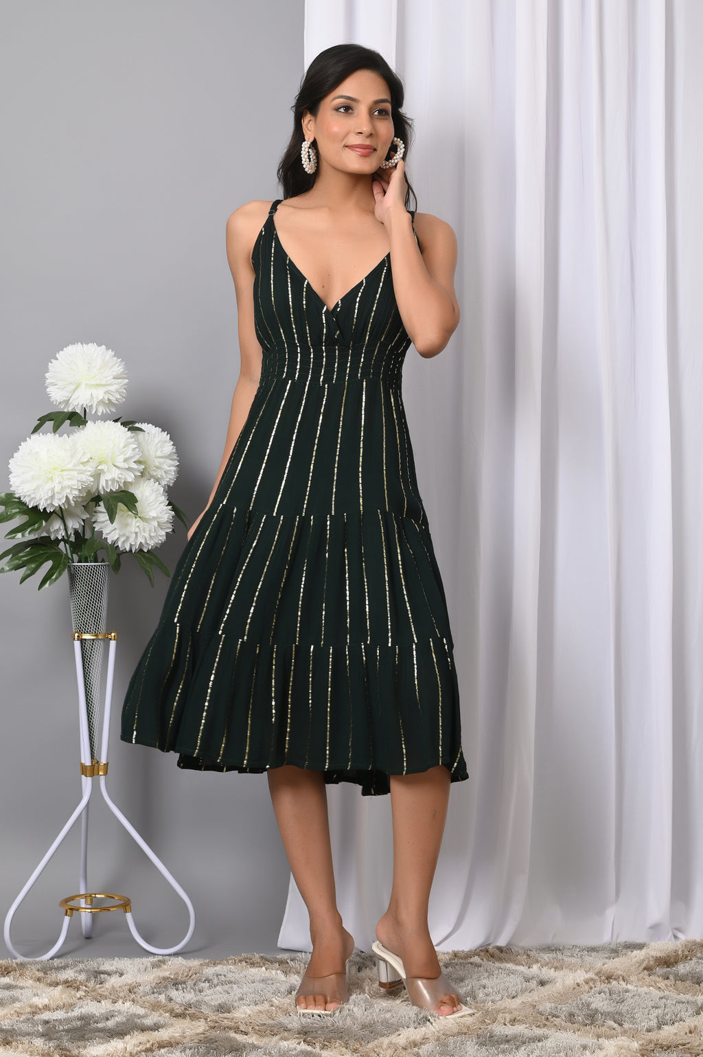 IQRAAR Women Rayon V Neck Fit & Flared Western Wear Dress