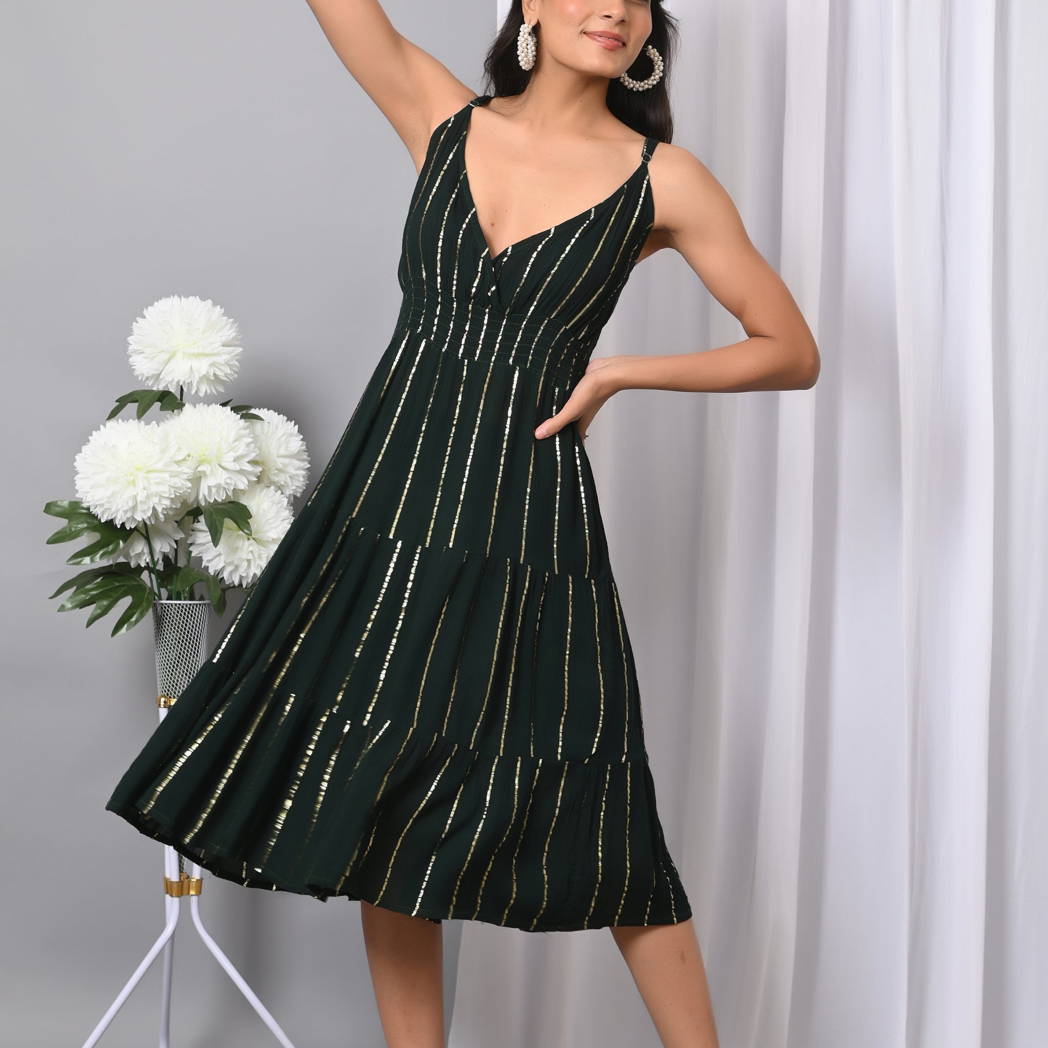 IQRAAR Women Rayon V Neck Fit & Flared Western Wear Dress