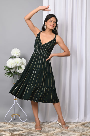 IQRAAR Women Rayon V Neck Fit & Flared Western Wear Dress