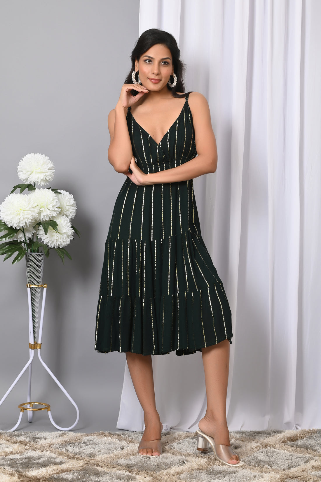 IQRAAR Women Rayon V Neck Fit & Flared Western Wear Dress