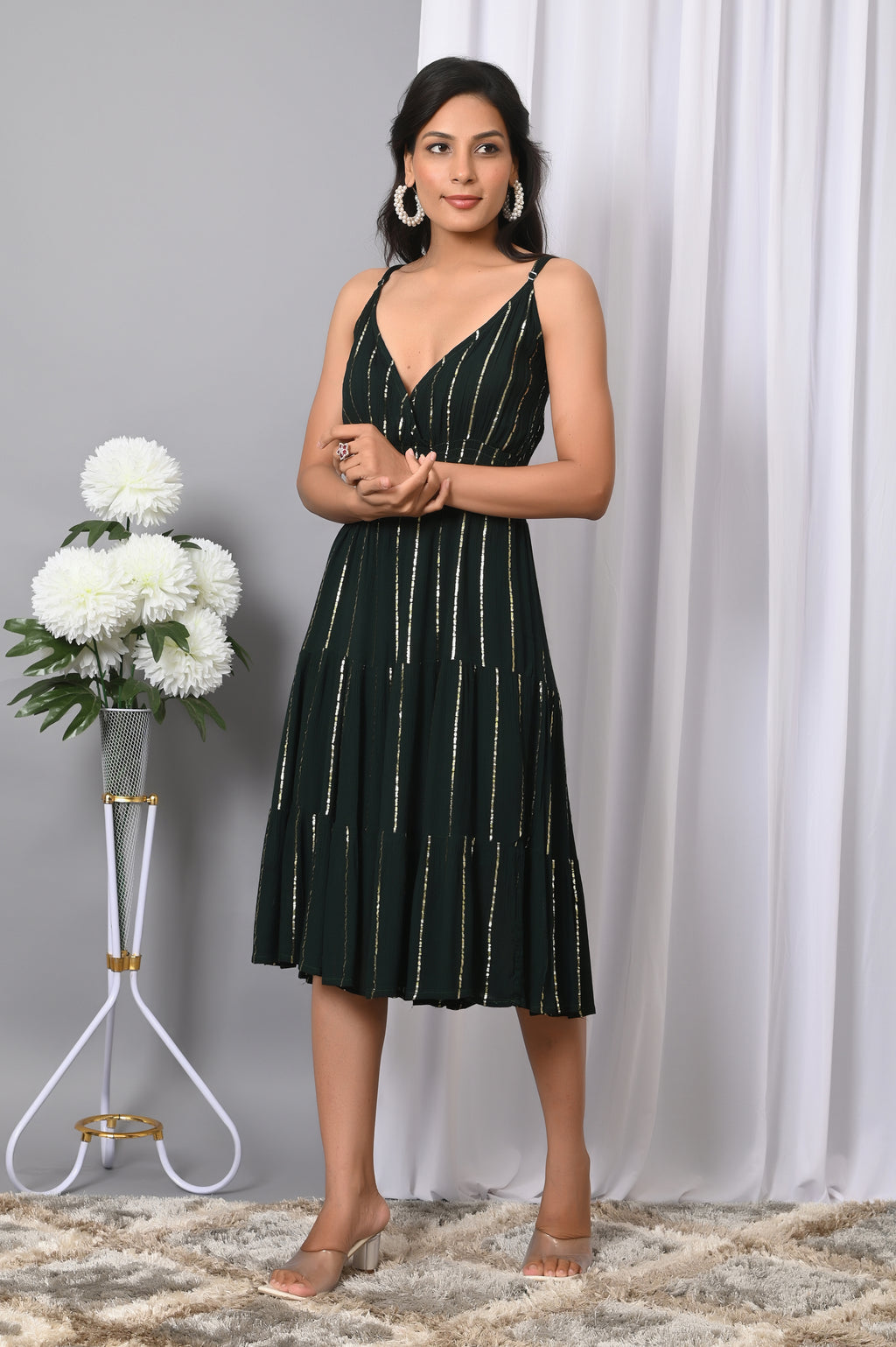 IQRAAR Women Rayon V Neck Fit & Flared Western Wear Dress