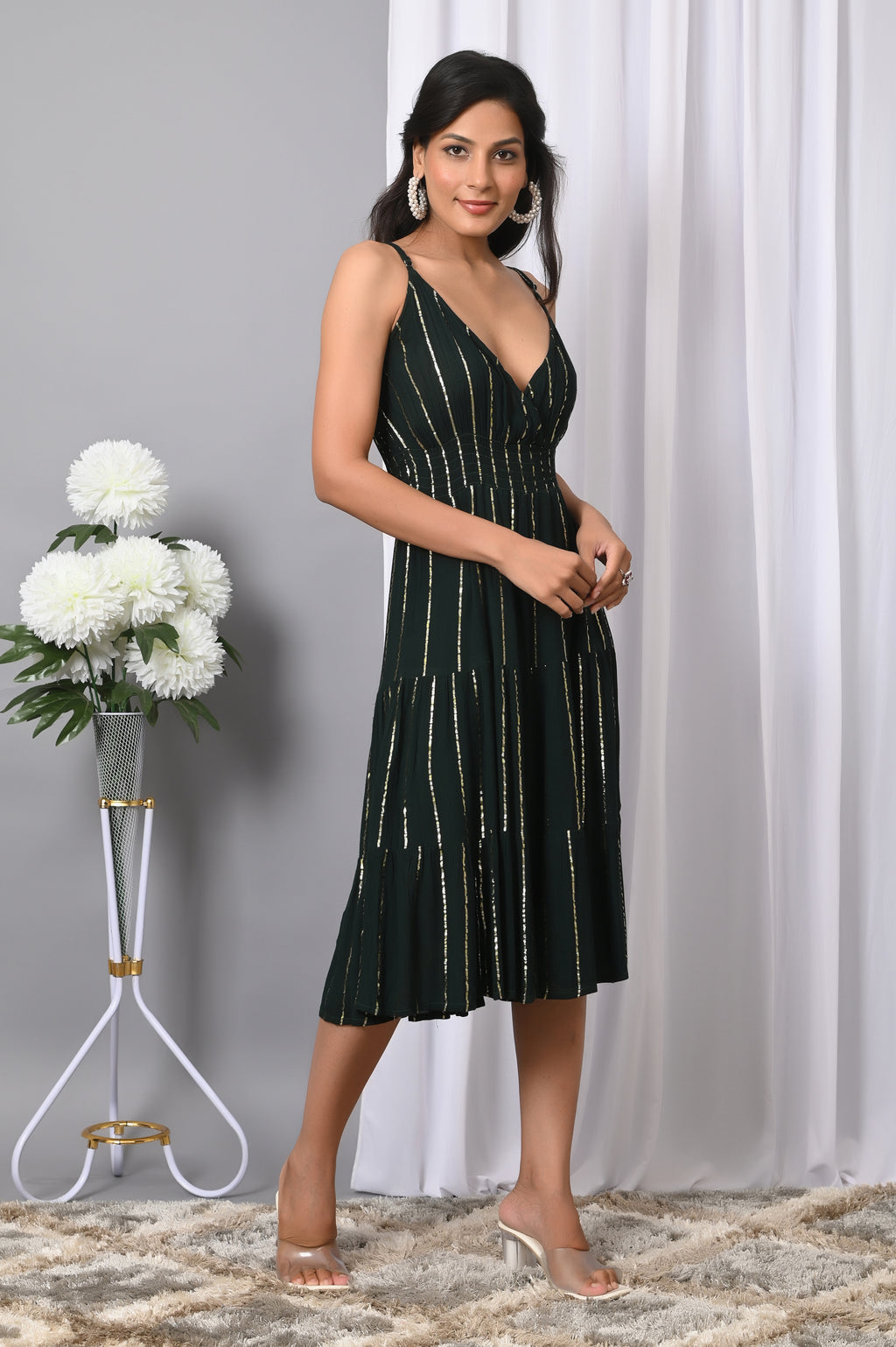 IQRAAR Women Rayon V Neck Fit & Flared Western Wear Dress